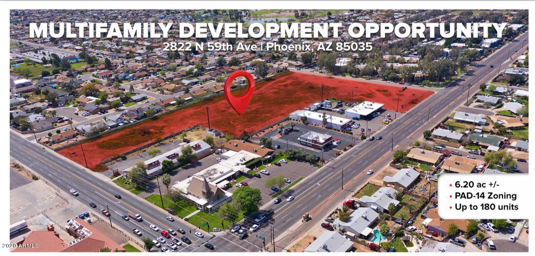 SELLER FINANCING AVAILABLE! Ready to BUY & BUILD? Phoenix High Density Multi Family 6.20 Acres, PAD-14 Zoning as 29 units/acre, with City Entitlement dated 2008 on file and with Preliminary Blueprints available. HIGHLY DESIRABLE area for Multifamily Project! Property ALLOWS up to 180 units, FRONTAGE on both 59th Ave and Thomas Rd, SUBDIVIDE PARCEL for COMMERCIAL USE is possible. Shopping, Schools, FREEWAYS all nearby and PARCEL surrounded by Residential Neighborhoods. Great TRAFFIC COUNT @ 30,000+ cars per day on Thomas Rd and 30,000+ cars on 59th Ave, located intersection 59th Ave & Thomas Rd. MULTIPLE ACCESS Points from 59th & Thomas Rd. Just 1.5 miles from I-10 Freeway, EASY ACCESS to ENTIRE VALLEY! Opportunity to Buy, Develop, Build, Rent, Sell all in ONE Perfect PHOENIX Location!