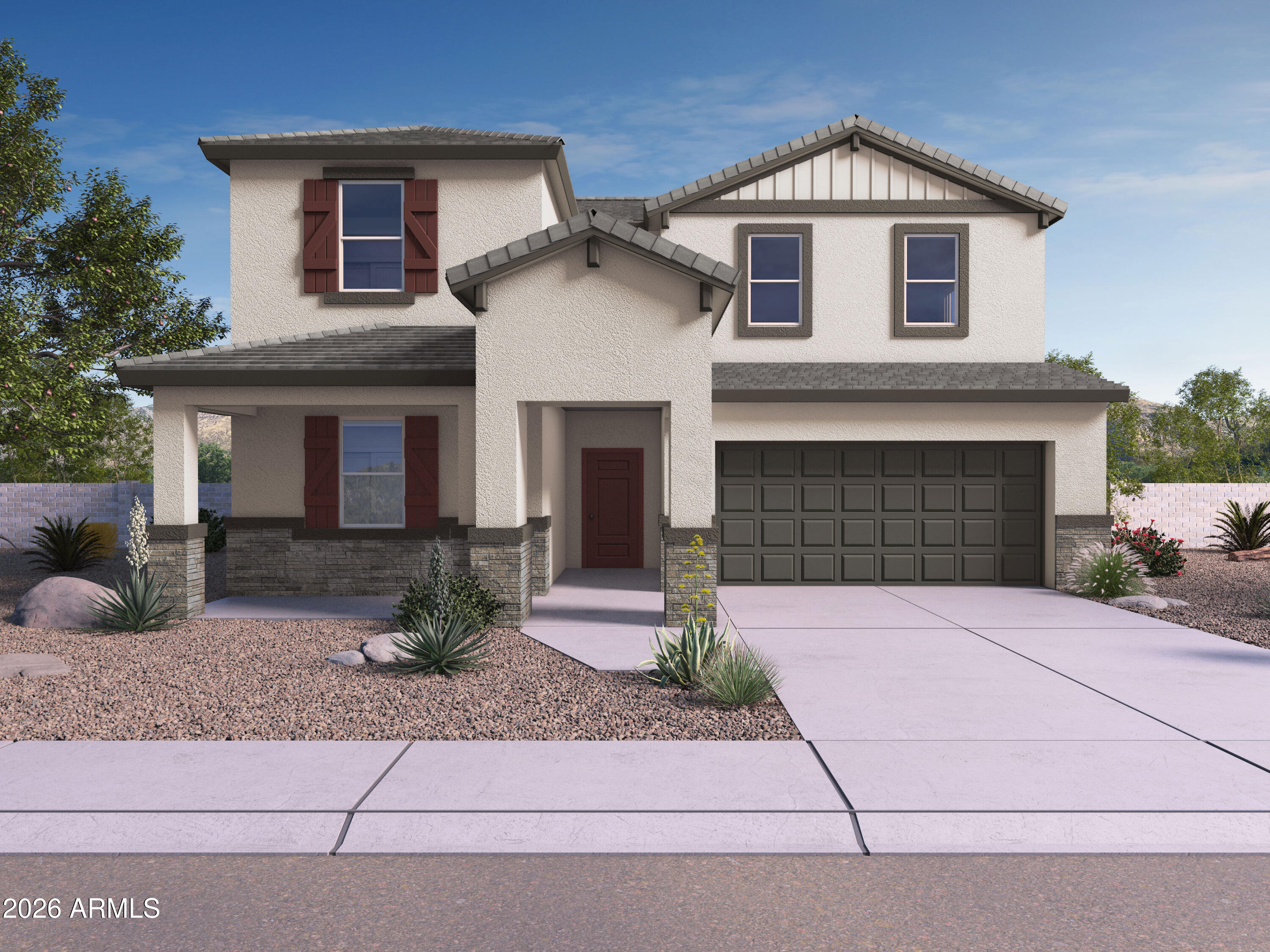 The popular Ozark floor plan offers spacious two-story living with an open-concept kitchen, dining area, and great room that flow seamlessly to a covered patio, perfect for indoor-outdoor entertaining. Enjoy stylish finishes including quartz countertops and plank tile flooring throughout the main living areas. The first-floor primary suite features a full bath and walk-in closet, while an additional bedroom and full bath downstairs provide flexibility for guests or a home office. Upstairs, you'll find a large game room, two secondary bedrooms, and a full bath. Additional highlights include oversized bedrooms, a backyard gas stub, smart home features, WiFi garage door opener, electronic front door lock with keypad, and a 220V garage outlet.