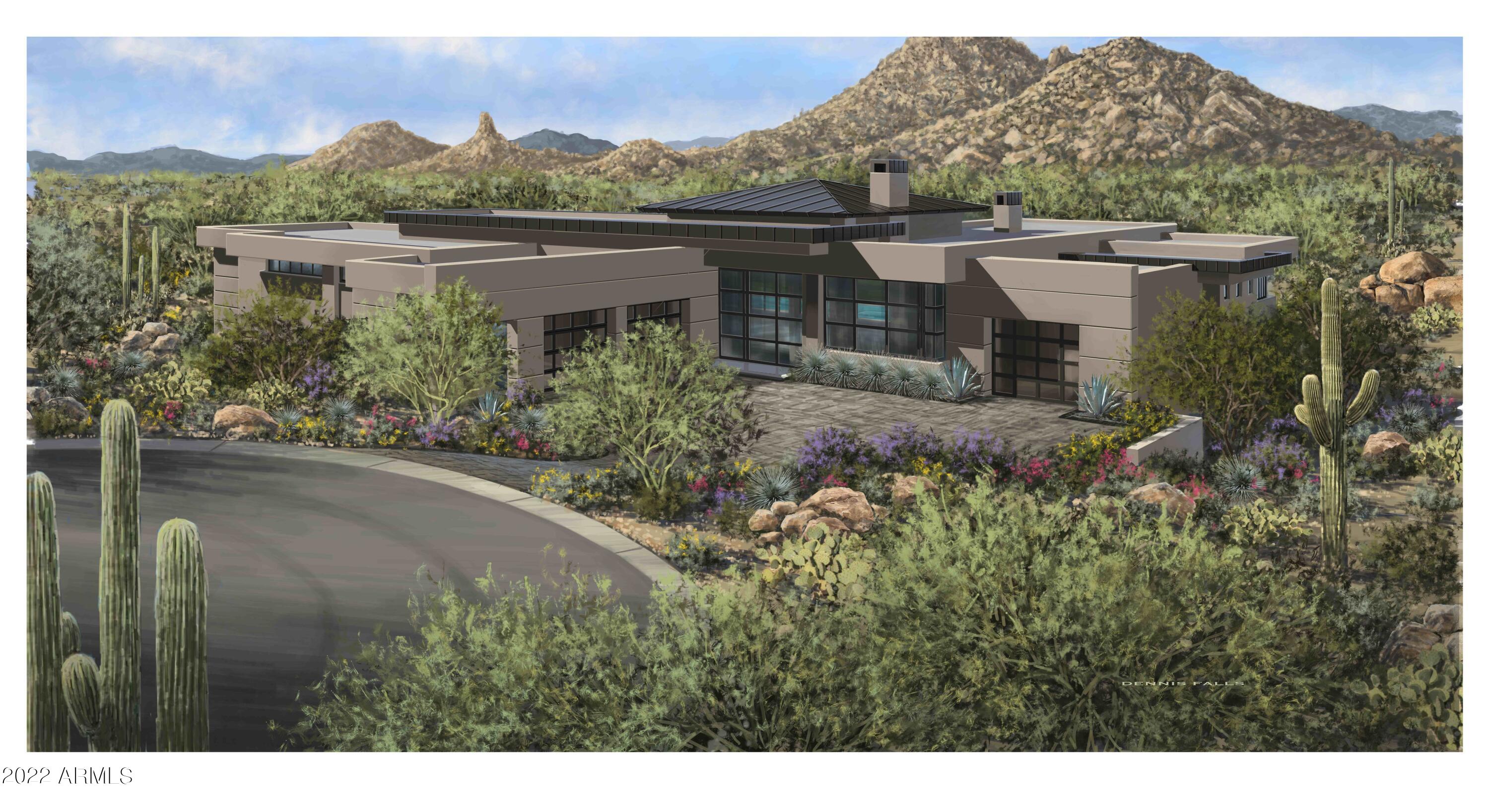 New luxurious, southwestern contemporary home in Troon Ridge Estates has captivating, gorgeous views of both Troon Mtn & Pinnacle Peak. Designed by award winning architect Andy Gramling, this home is 5045 sq ft livable & over 7064 sq ft under roof. Located at the end of cul-de-sac in a gated community, this home has the perfect combination of privacy & remarkable, breath-taking views. Single-level, spacious home has an enormous great room w/wall of sliding glass doors that open seamlessly onto the exterior patio doors & capture the beautiful western desert sunset & mtn views beyond the negative-wet edge pool, plus exterior BBQ area for premium entertaining. Consisting of 4bd, 4½ba, bonus rm & separate dining rm. This contemporary home checks all the boxes! It has an open floor plan, a chef's kitchen with contemporary Miele appliances, separate walk-in pantry, a large kitchen island and SALT custom cabinets. The luxurious and enormous master suite has breath-taking views of Pinnacle Peak PLUS the opulent details of a spa-style bath area, huge walk-in closet and a separate entrance to the back patio and pool area. Enormous garages allow for parking for up to 4 cars. Every detail in this home has been meticulously designed with comfort and luxury in mind. Construction is scheduled to be completed September of 2022.