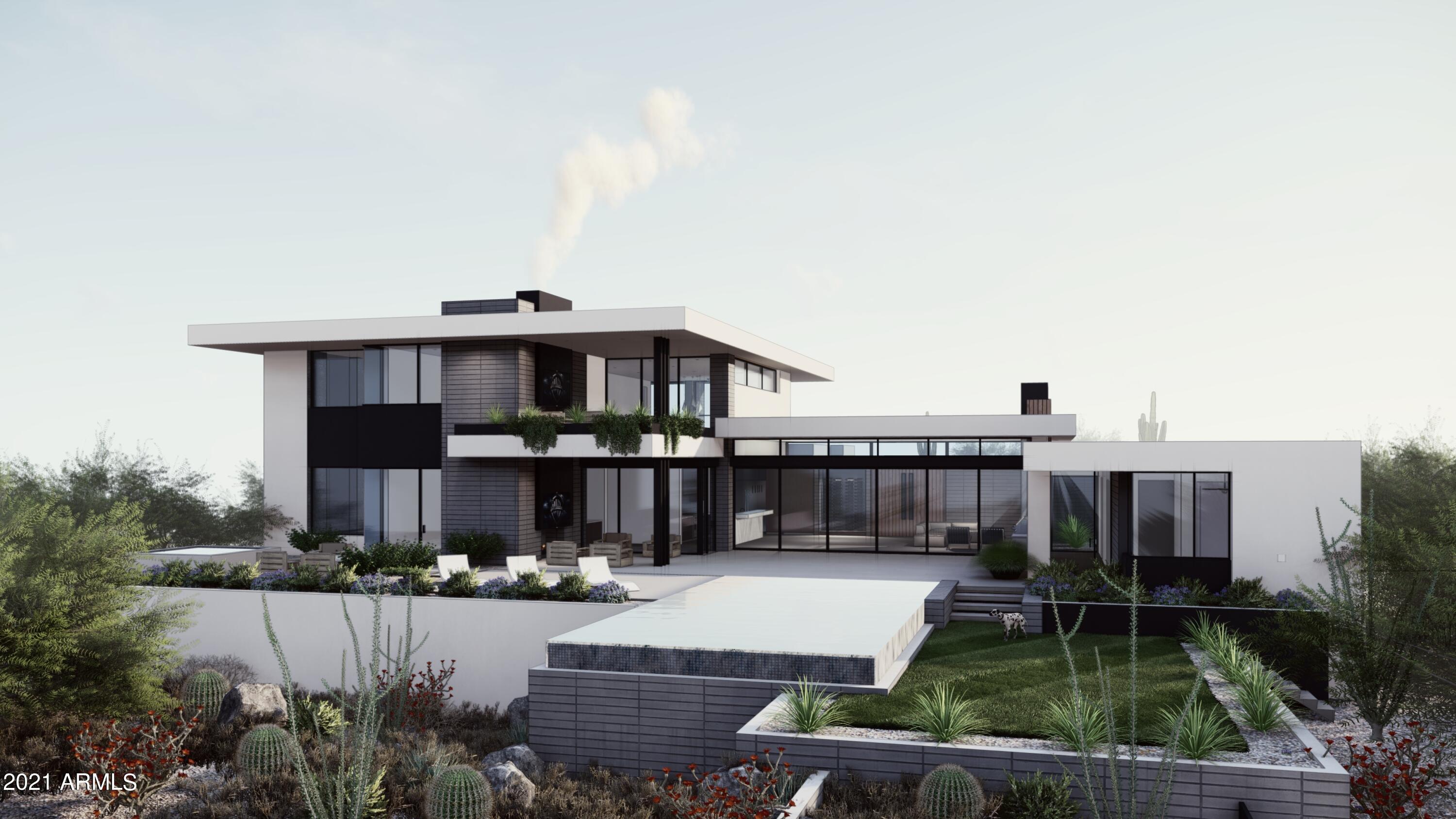 In the heart of the most luxurious part of Scottsdale, this 5345 sq. ft. captivating new-build combines stunning mid-century modern architecture and finishes. The 4 bed, 4.5 bath open plan sits on a private cul-de-sac with city lights and mountain views. Surrounded by some of the best restaurants like Mastro's, Isabella's and Parma, as well as golf courses such as DC Ranch, Silverleaf, and Grayhawk, anything you'll ever need is just a few minutes away. This open and inviting home includes top of the line finishes such as hardwood and tile floors, a full Wolf Sub Zero appliance package, wine cabinet, elevator, custom cabinets, quartz countertops, and 8' solid doors. The home also includes an upstairs guest suite or second master complete with bonus area to use as a gym, office, game room with no shortage of views from the separate upstairs patio. Some photos included are from a few homes the builder recently completed and sold showing the type of quality to expect. New modern architecture in such a prime location is in extremely high demand so act fast. Builder is available to meet with qualified buyers to talk through specs and finishes. Watch attached rendering video to see the full impact of this stunning new build. Construction to begin Feb 2022.