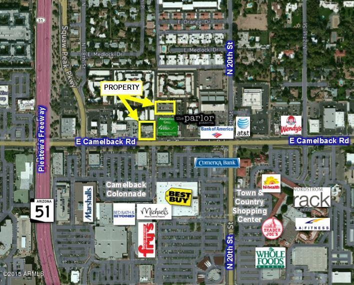 Offered for sale is a ±16,283 Sq. Ft., Four (4) - Story Retail/Office Building and an additional ±10,062 Sq. Ft. Parking Lot Parcel. Front and rear parking available, additional parking located on northeast parcel (164-56-008-R); 55 Total Parking Spaces. Includes private restrooms on each floor and working elevator. Prominent Monument Signage on East Camelback Rd. Both Parcels Zoned C-2, by the City of Phoenix. Additional parcel 2014 taxes $7,044.