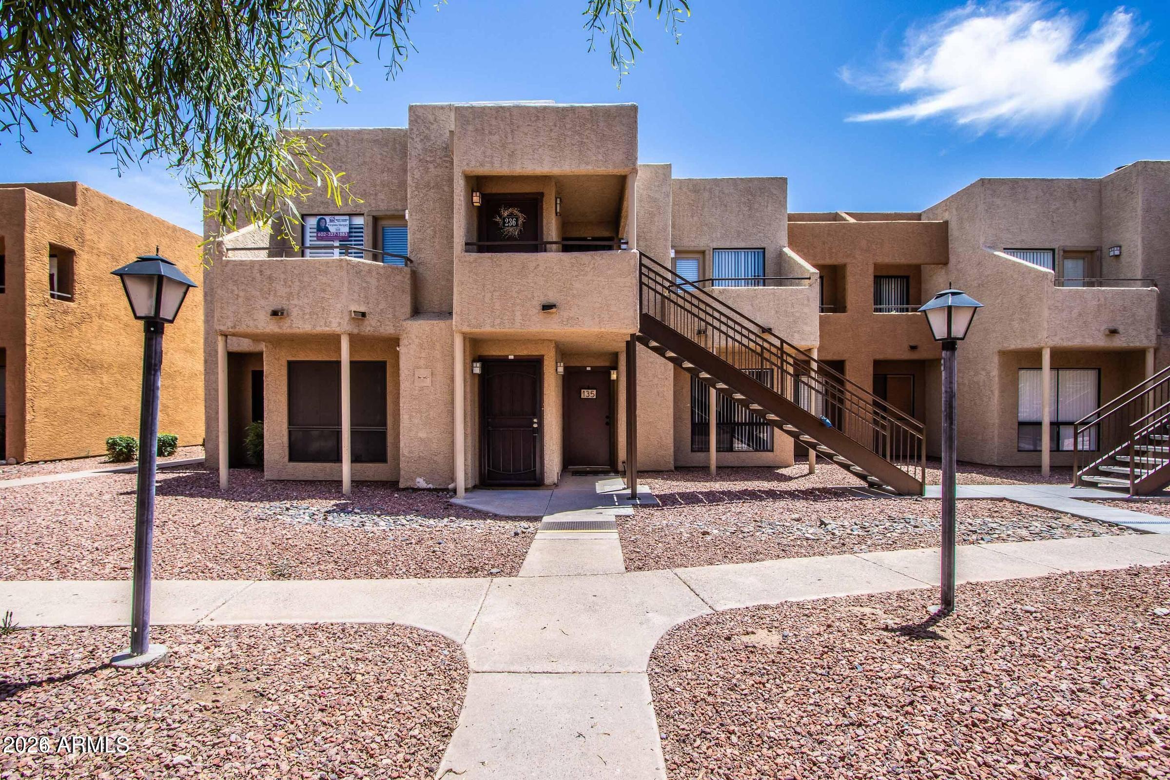 Charming ground-level single-story condo offering 2 bedrooms, 1.75 bathrooms, and 865 sq ft of comfortable living space! This beautifully maintained home features an open layout, spacious primary suite with a large closet, and a private enclosed backyard patio perfect for relaxing. All appliances are included, including washer, dryer, and a large stainless steel refrigerator for added convenience. Enjoy one assigned covered parking space plus plenty of guest parking. Community amenities include a sparkling swimming pool and fitness center. Ideally located with quick and easy access to the Loop 101, shopping, dining, and entertainment. A perfect opportunity for comfortable, low-maintenance living!