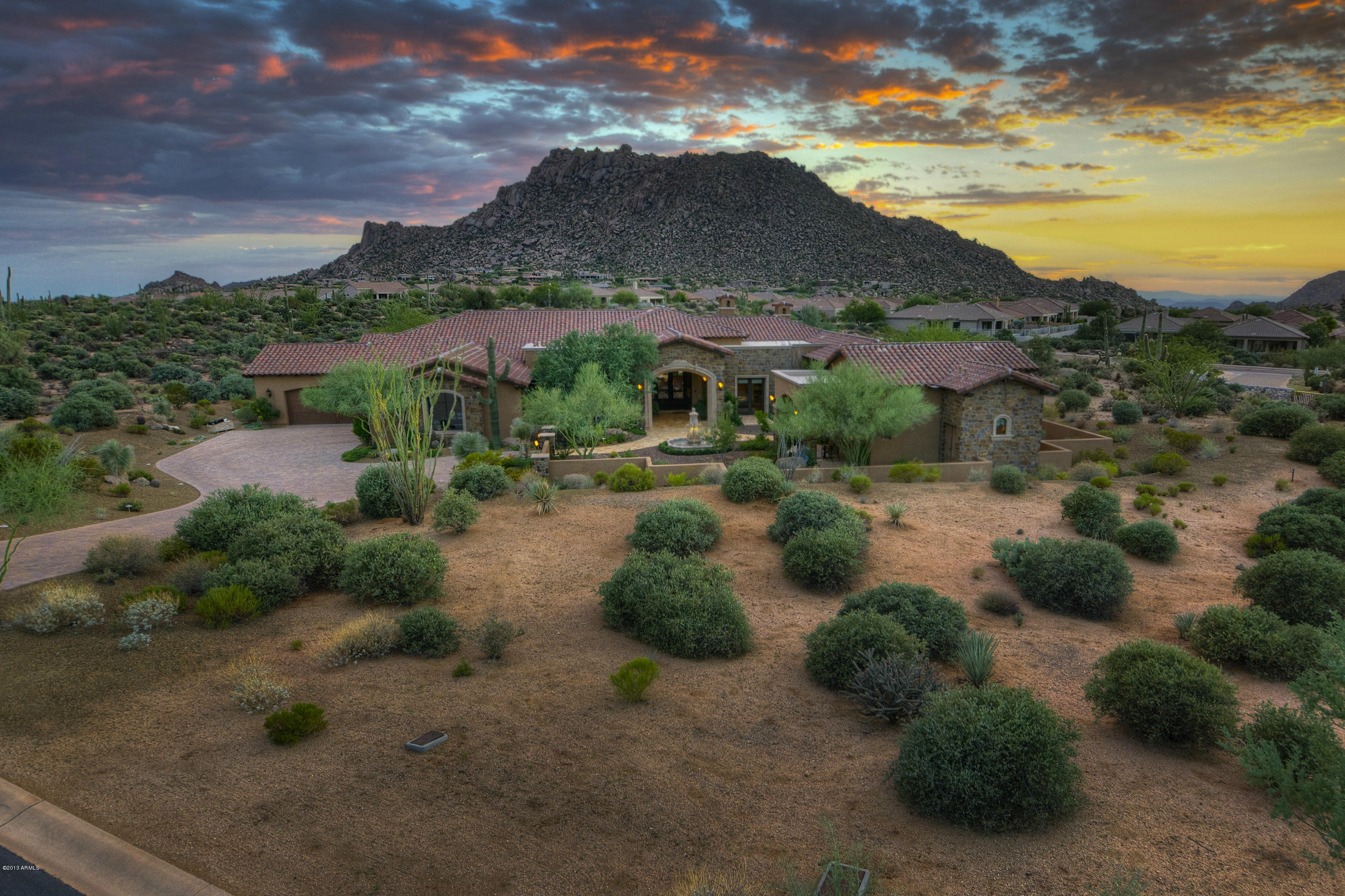 An extraordinary “Turn Key Opportunity”, offering sweeping panorama mountain view. A tranquil gated-community offering one acre building envelops for each of its 2 plus acre lots. This lavish soft-Tuscan-style compound; features an elegant old world courtyard, a timeless design water-fountain, an indoor/outdoor (single level/no steps) entertainers delight floor plan, a detached one bedroom one bath guesthouse, an over the top Chef’s Appliance package, window coverings, custom fireplaces everywhere, a large master with his and hers closets, theater room, wine room plus a sprawling back yard to include: natural-grass play areas, a cabana with its own BBQ Kitchen beside a rectangular sparkling swimming pool and spa. If quality matters, schedule your preview today!