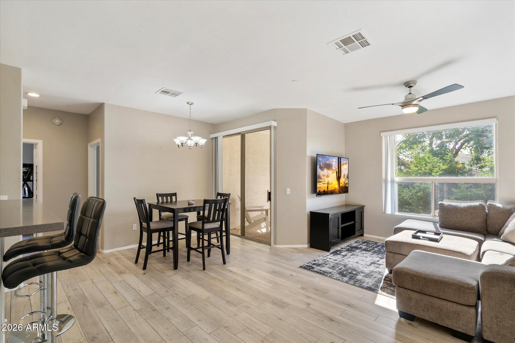 Move-In Ready Scottsdale Condo with Private Garage in Desirable Mira Vista! This beautifully remodeled 2-bedroom, 2-bathroom home offers stylish upgrades and a prime Scottsdale location. Rarely found in many condo communities, this residence includes a private detached one-car garage. Interior features include wood-plank tile flooring, neutral paint, modern lighting, quartz countertops, subway tile backsplash, white shaker cabinetry, stainless steel appliances, reverse osmosis system, and breakfast bar. The spacious primary suite features dual sinks, a tiled walk-in shower, and private balcony access. Additional upgrades include a Nest thermostat, voice-activated lighting, newer HVAC, and newer roof. Close to shopping, dining, golf, Loop 101, and spring training.