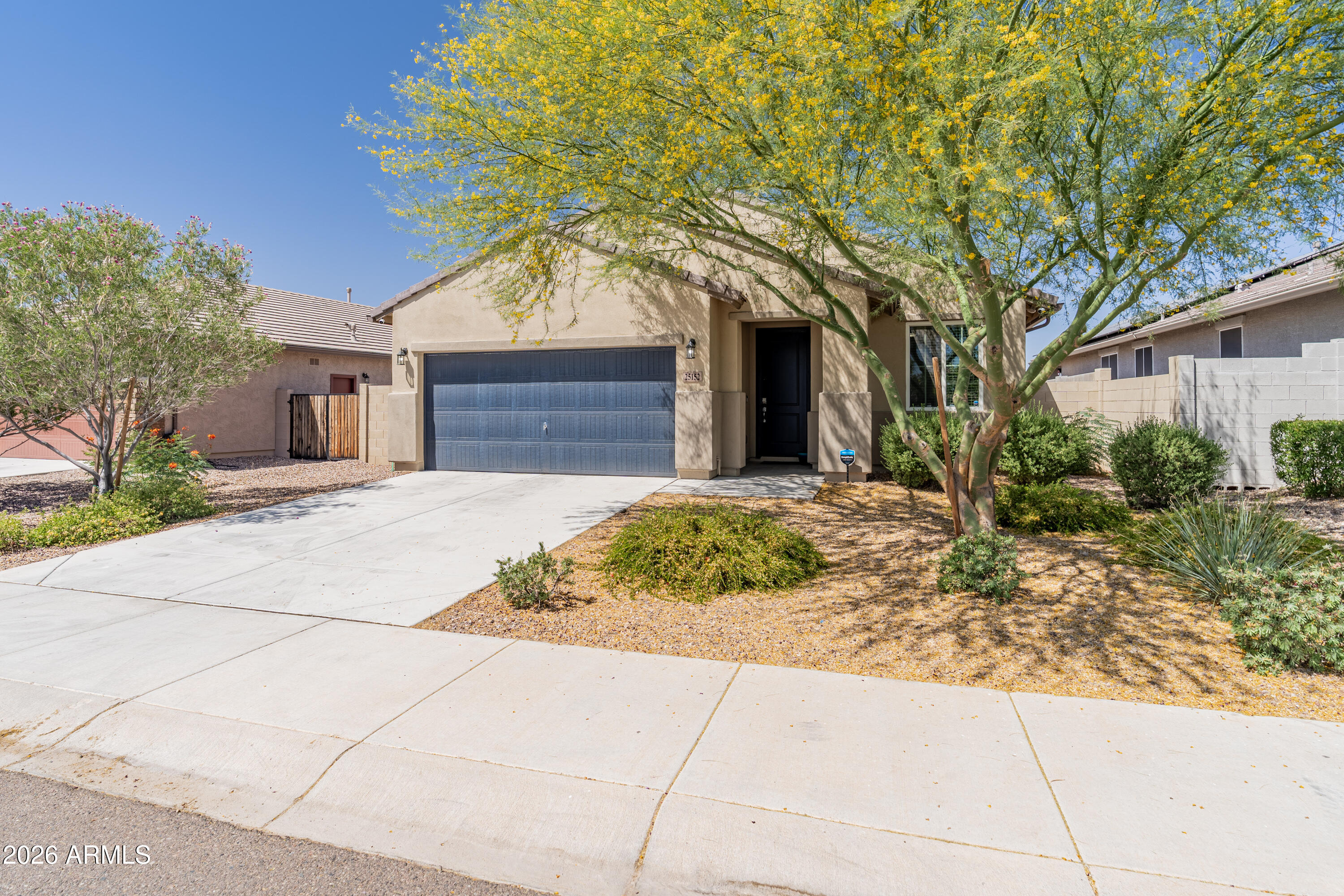 Beautifully maintained single-story home built in 2020 offering approximately 1,500 sq ft with 3 bedrooms and 2 bathrooms. Spacious kitchen features ample counter space and functional layout ideal for everyday living and entertaining. Well-kept interior reflects pride of ownership throughout. Front yard offers low-maintenance desert landscaping, while the backyard provides a warm and inviting outdoor space with thoughtfully designed low-maintenance landscaping. Great opportunity to own a newer home with comfort, functionality, and curb appeal.