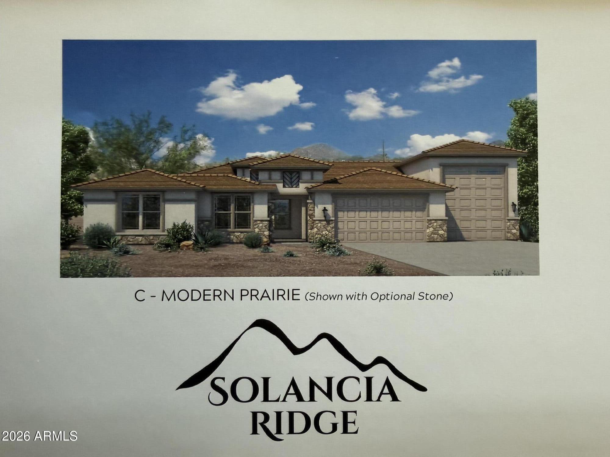Single-Story,  3198 sqft  on a 1 acre lot  with 3 Bedrooms, Flex Space, 2.5 Baths. Four-Car Tandem Garage + RV Garage.   The RV Garage is 15' x 50' with at 14' tall door on it. Spacious open kitchen, 42'' cabinets, granite countertop, huge kitchen island,  stainless steel appliances, large owners suite! Solancia Ridge features quality new homes on one-acre homesite with attached RV garages, bring all your toys!! Pristine desert surrounding makes Quick access to major freeways and less than 30 minutes from Lake Pleasant! Seller paid closing costs and rate buydown available with preferred lender VIP Mort.  To be built, buyer to select structural options and design options.  Pricing will change when this is done.  6-8 months to build