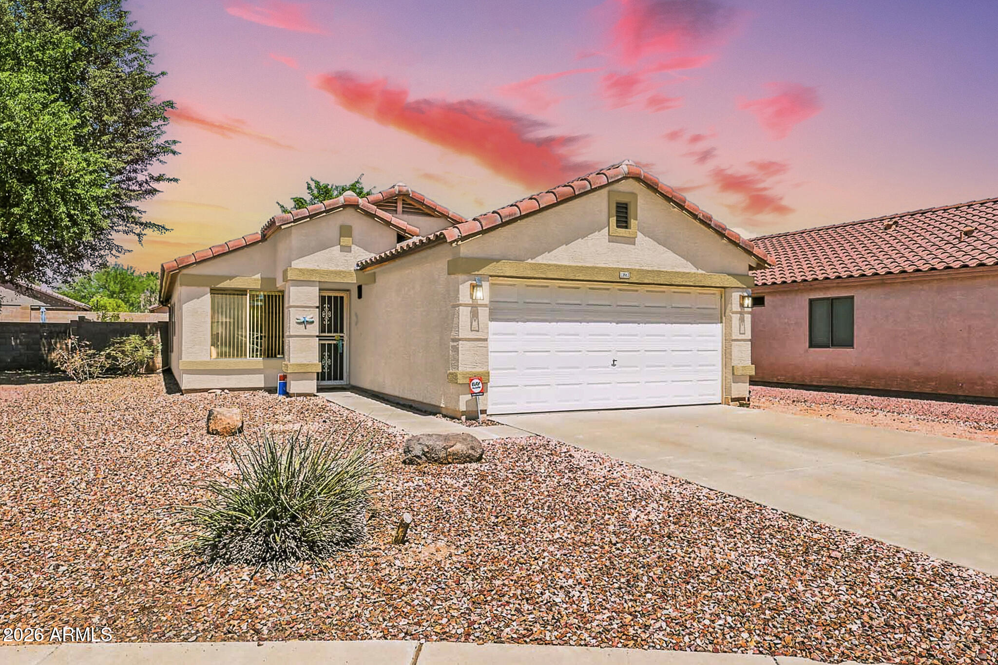 Don't miss this opportunity to own a charming 3 Bed home tucked away on a quiet cul-de-sac in desirable Ashton Ranch! Vaulted ceilings and an open floor plan make the home feel bright and spacious, while laminate flooring and NEW carpet provide comfort and easy maintenance. Both bathrooms were UPDATED in 2020, and the ROOF was replaced in 2024, HVAC 2017, giving buyers added peace of mind. The primary suite features a walk-in closet and private full bath. Enjoy Arizona living under the covered patio overlooking a low-maintenance backyard with synthetic grass. With expensive updates ALREADY COMPLETED, a functional layout, and room to add your own personal touches, this home offers an excellent VALUE- perfect for a first-time buyer or anyone ready to make a SMART MOVE!  Community has 3 pools