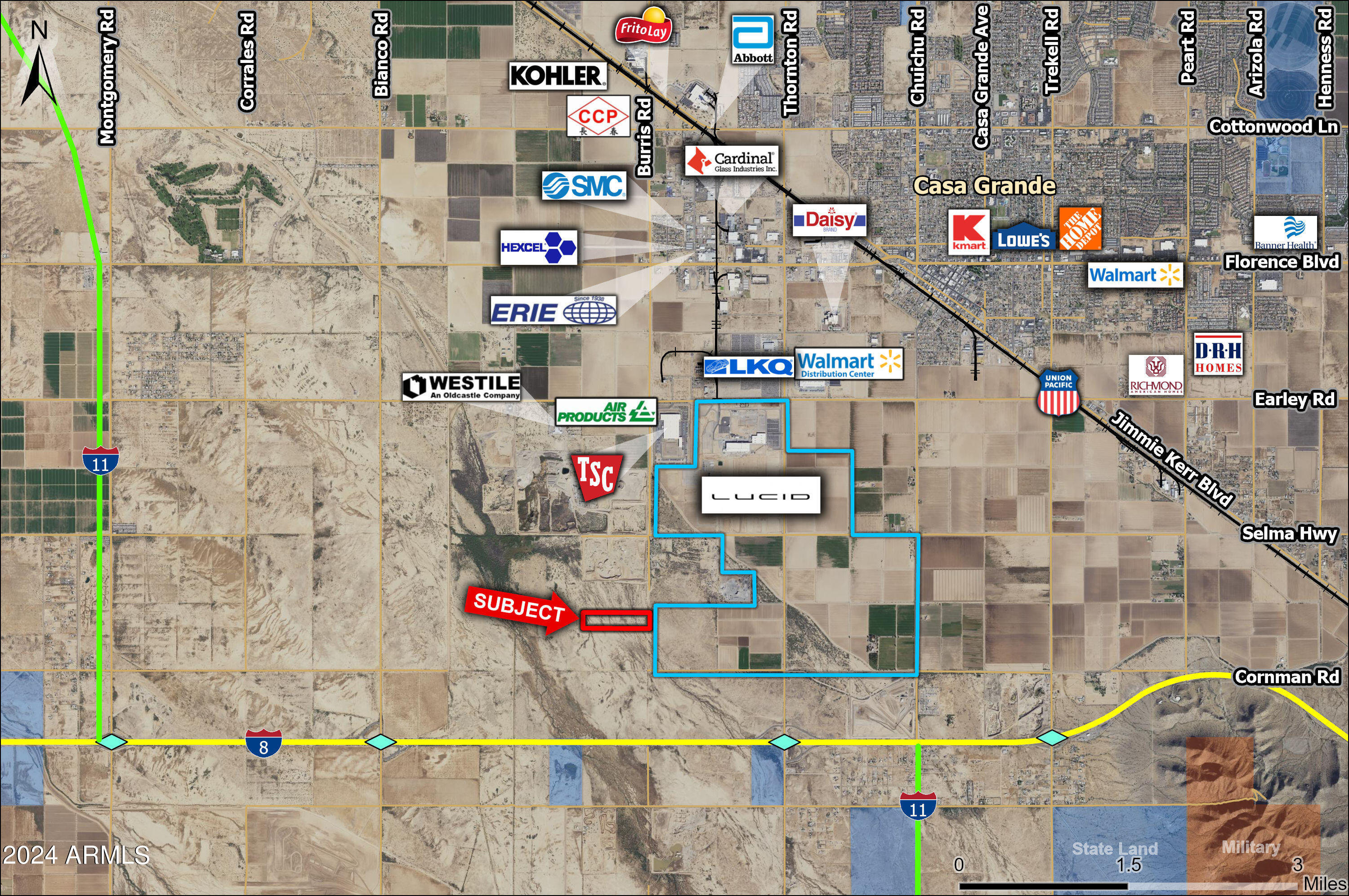 Property is located along 
Burris Road in the growing Casa 
Grande Industrial Corridor. Lucid 
Motors is contiguous along the 
western border. Excellent Investment 
or 1031 Exchange. Submit all offers.