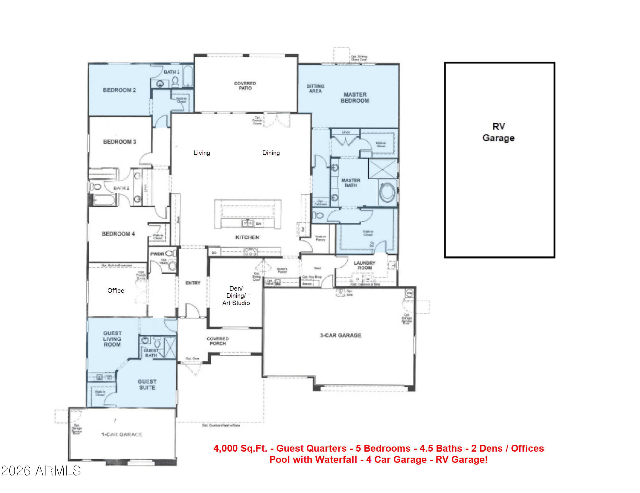 Welcome to upscale living in La Jara Farms! This exquisite home was built just 6 years ago on a 18,120 sq.ft. lot. Here are some of the amazing features: 5 BEDROOMS, 4.5 BATHS, 2 DENS/OFFICES, ATTACHED CASITA, 4 CAR GARAGE, HUGE RV GARAGE AND A SPARKLING POOL WITH WATERFALL. The open floor plan comes with 12' ceilings and a chef's kitchen in the heart of the home. You'll love the massive island, perfect for entertaining and the butler's pantry! There are 3 Bedroom Suites: The master suite, a secondary suite and the casita with its separate entrance and living room. Perfect for your guests or multi-generational living. The RV garage is huge and will fit all of your toys! In addition to the garages, there's ample parking in the driveway for up to six cars. La Jara Farms is located next to award winning schools and just minutes from shopping and dining at QC Market Place or SanTan Village