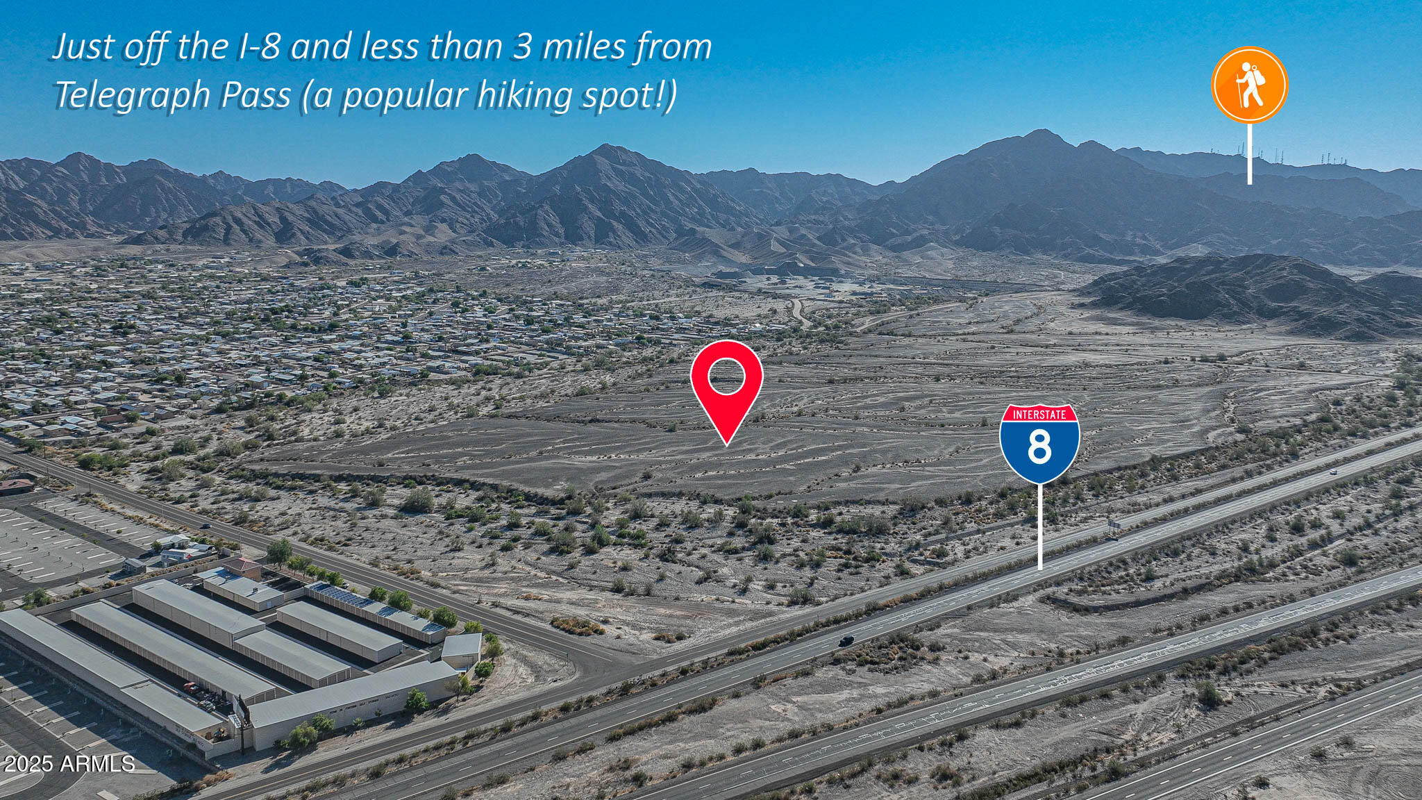 Prime 59.74-Acre Commercial Land Near Interstate 8 , Corner lot on I-8 Frontage Road and South 14E- Yuma, Arizona

Outstanding opportunity to own nearly 60 acres of vacant commercial land. Ideally situated in growing East Yuma, just off Interstate 8 - the major corridor linking California and Arizona. 

Located directly across from established businesses and residential communities including Mina de Fortuna Self Storage, Fortuna De Oro RV Resort, and Sundance RV Park, this property benefits from consistent local and traveler traffic. With over 2,600 feet of frontage, the exposure and accessibility make this a prime location for retail, hospitality, storage, or service-based ventures Outdoor enthusiasts will appreciate the land's proximityless than 3 milesto the popular Telegraph Pass hiking trail, a favorite destination for locals and visitors alike.

Whether you're looking to develop now or invest for the future, this parcel is a rare find in a high-demand area with expansion potential and easy freeway access.

Key Highlights:

59.74 acres of commercial-zoned land

Less than ¼ mile from Interstate 8 on/off ramps

Directly across from thriving RV parks and storage facilities

Close to Telegraph Pass, a major recreational destination

Surrounded by residential and commercial growth

Excellent development or investment potential

Don't miss this opportunity to secure one of the largest commercial land offerings in East Yuma.