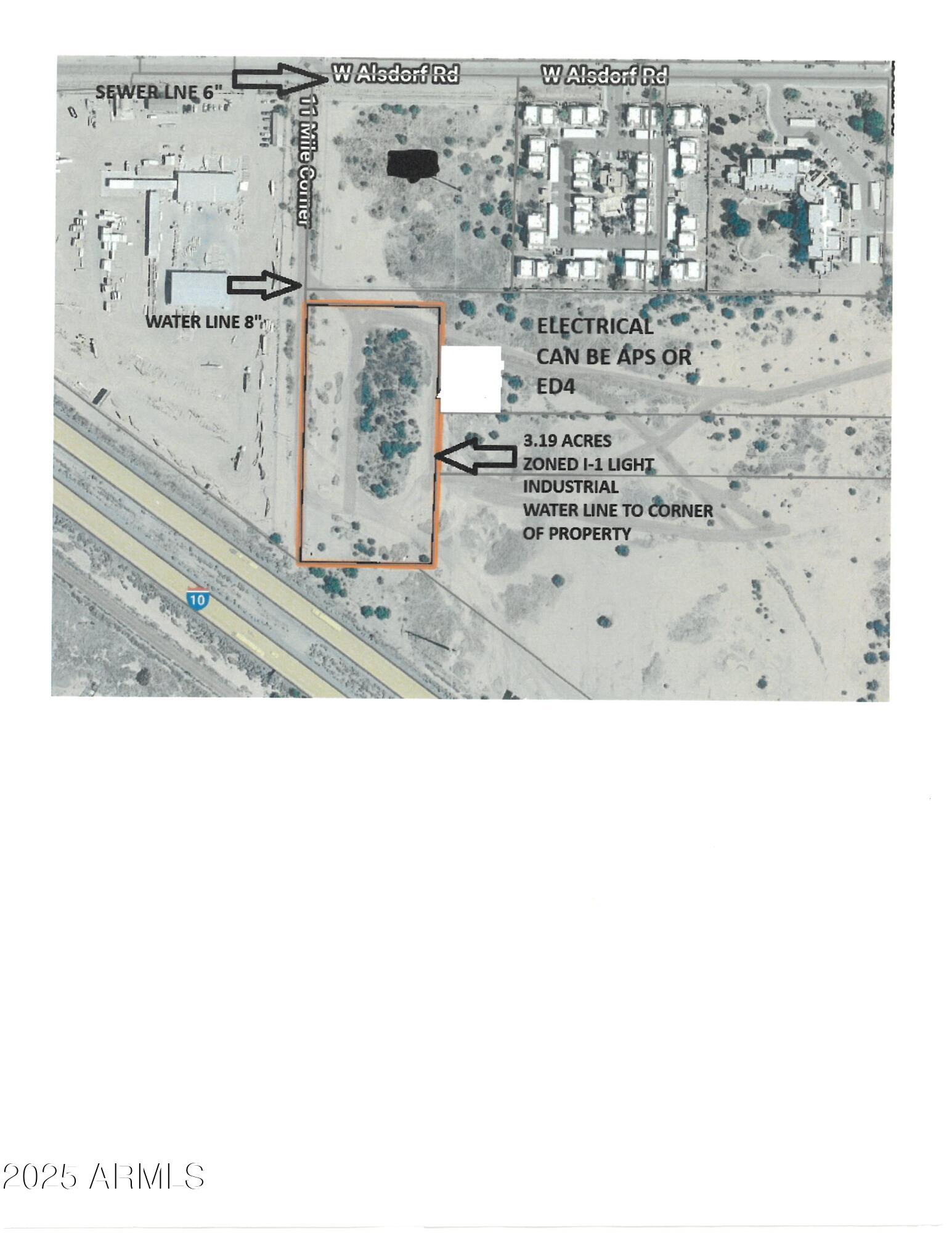 Great Light Industrial property. 3.19 Industrial use land with some infrastructure. Close to I-10  and I-8. Lots of potential to have a great industrial business. Water to corner of property, Sewer line 300 ft. Electrical nearby.
Electrical to property can be APS or ED-4 electrical district. Uses: Building and material sales, distribution warehousing, heavy manufacturing, recycling center, truck stop, wholesale establishment, utility facility and service yard, the uses are endless.  See doc tab for more uses.
Eloy has lots of new industrial businesses. Let this property be your new location for a ''Great business landmark''. Freeway and Highway easy access.