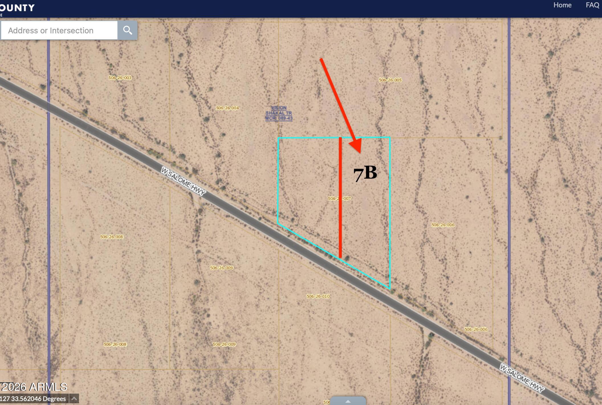 Easy access parcel located on Salome Highway not far from Harquahala Exit from I-10.  Recently split, this is the easternmost parcel of the Split of lot 7 so it is 5 acres not 9.7.   Please see included survey for parcel details.  

Rare opportunity to buy a piece of land with paved frontage with no down payment, and no interest!  Negotiate with seller for the length of note and payment,  and own a piece of land with seller financing!  
This is an excellent location not far from an exit and the future of Growth in western Maricopa county.  Would make a nice recreational property in the meantime.  A group is already marketing nearby properties as an assemblage for a project.  This is an excellent way to invest with just your escrow fees!  Buy your land today