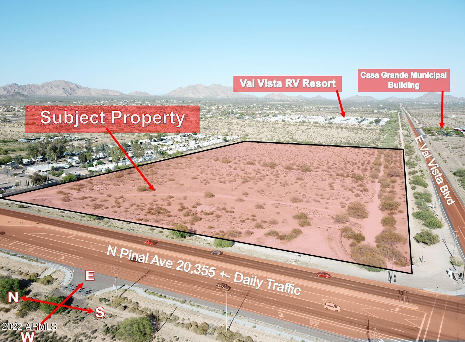 COMMERCIALLY ZONED PAD C-2 20 ACRES FOR $5.99 P/GROSS SQ. FT.. Incorporated into the City of Casa Grande, commercial site. Conceptual site plan has 6 pad sites and the balance of retail and office.  See flyer. Pinal is Highway 387, Val Vista is the most northern East West major arterial to the future 1-10 interchange. Close to Casa Grande Municipal Airport and Villago master planned development. Develop or hold for profit. Part of a 63.6 acre parcel that will be surveyed and split prior to close of escrow.