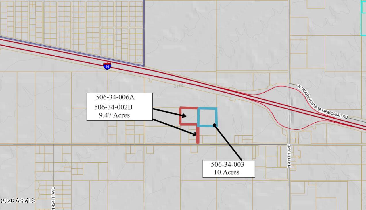 Excellent opportunity to acquire 10 acres of land in Tonopah, AZ, situated near a major freeway exit with strong visibility and access. The property is located at 415th Ave & W Indian School Rd, near to Pilot Travel Center and Tonopah Downtown and surrounded by commercial land available at over 500000 per acre. 

This offering includes parcel: APNs 506-34-003, providing flexibility for future use or development. The surrounding area continues to see commercial and infrastructure activity, making this an attractive option for investment, land banking, or future commercial or mixed-use potential. Opportunity to buy another adjacent 9.47 Acre Parcel (506-34-006a, 506-34-002B) Investment Potential: 
* Properties in Tonopah have high commercial potential similar to Buckeye properties, where land is valued between $300,000 to $1 million per acre. 
* Significant upside potential with commercial rezoning.
* Solar Energy and Data Centre Growth: Expansion of large solar projects nearby, adding to area attractiveness.
* Desert Movie Studio and associated development will drive demand for housing, retail, & industrial services.