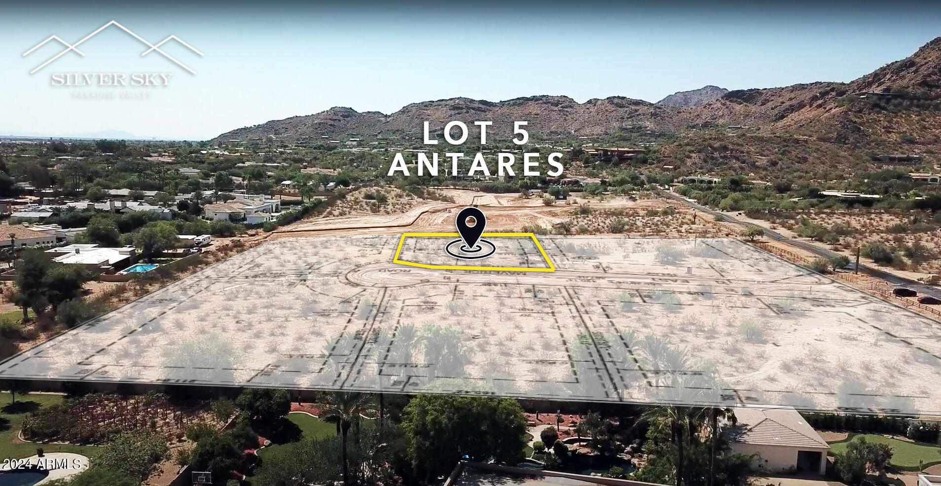Sitting at the heart of Paradise Valley's most prominent new community this 1.113 acre flat parcel, named Antares, offering a discerning client the opportunity to build a custom estate within the exclusive Silver Sky luxury home community. Located at the base of Mummy Mountain this center lot offers panoramic mountain views and extraordinary sunsets, while being within minutes of Paradise Valley's vibrant amenities and restaurants. With infrastructure scheduled to be complete March 2024 and only 3 custom build options available within Silver Sky, this opportunity to design the home of your dreams amongst 11 other stars won't be available for long.
Nestled among 11 to-be-built, award-winning estates, including 2 custom builds and 9 Showcase homes, Antares is part of the exclusive Silver Sky community. A community consisting of privately gated, single level homes ensuring endless views, privacy, and the unparalleled size and sophistication of a luxury new community. Create your sanctuary and join an exclusive group of discerning buyers that cherish the finer things in life.