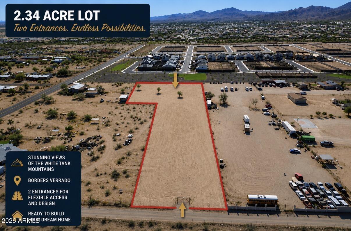 Build the Life You've Been Dreaming Of. Nestled on 2.34 acres in the desirable Valencia Heights community, this incredible homesite offers breathtaking White Tank Mountain views and endless possibilities. Design the custom home you've always wanted with plenty of space for RV garages, workshops, horses, or your own private desert retreat. Bordering Verrado, you'll enjoy the perfect balance of peaceful country living and convenient access to shopping, dining, golf, hiking trails, and the I-10. Opportunities to own a lot like this are becoming increasingly rare--bring your builder and start turning your vision into reality!