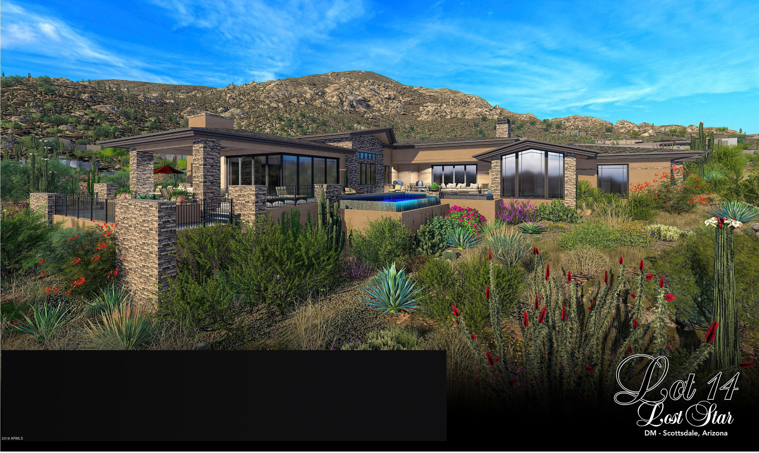 Panoramic mountain, city light, sunset and fairway views. Open and airy new build, with window wrapped walls, soaring ceilings and a five-car garage. NO INTERIOR STEPS, unsurpassed outdoor living space, perched high above the valley floor, with outdoor fire features, complete with infinity-edge pool and spa. This extraordinary new build perched on one of the highest elevation points in Desert Mountain, delivers deep covered patios with seamless indoor/outdoor transitions and telescoping glass walls. Call for a guided tour today and walk the marked path on the lot, with labeled view-window stakes. Sleek, great room design featuring, 4 en suite bedrooms, study, wine room, lounge, bar, formal dining and a covered al fresco dining area, pool bath,floor-to-ceiling glass walls