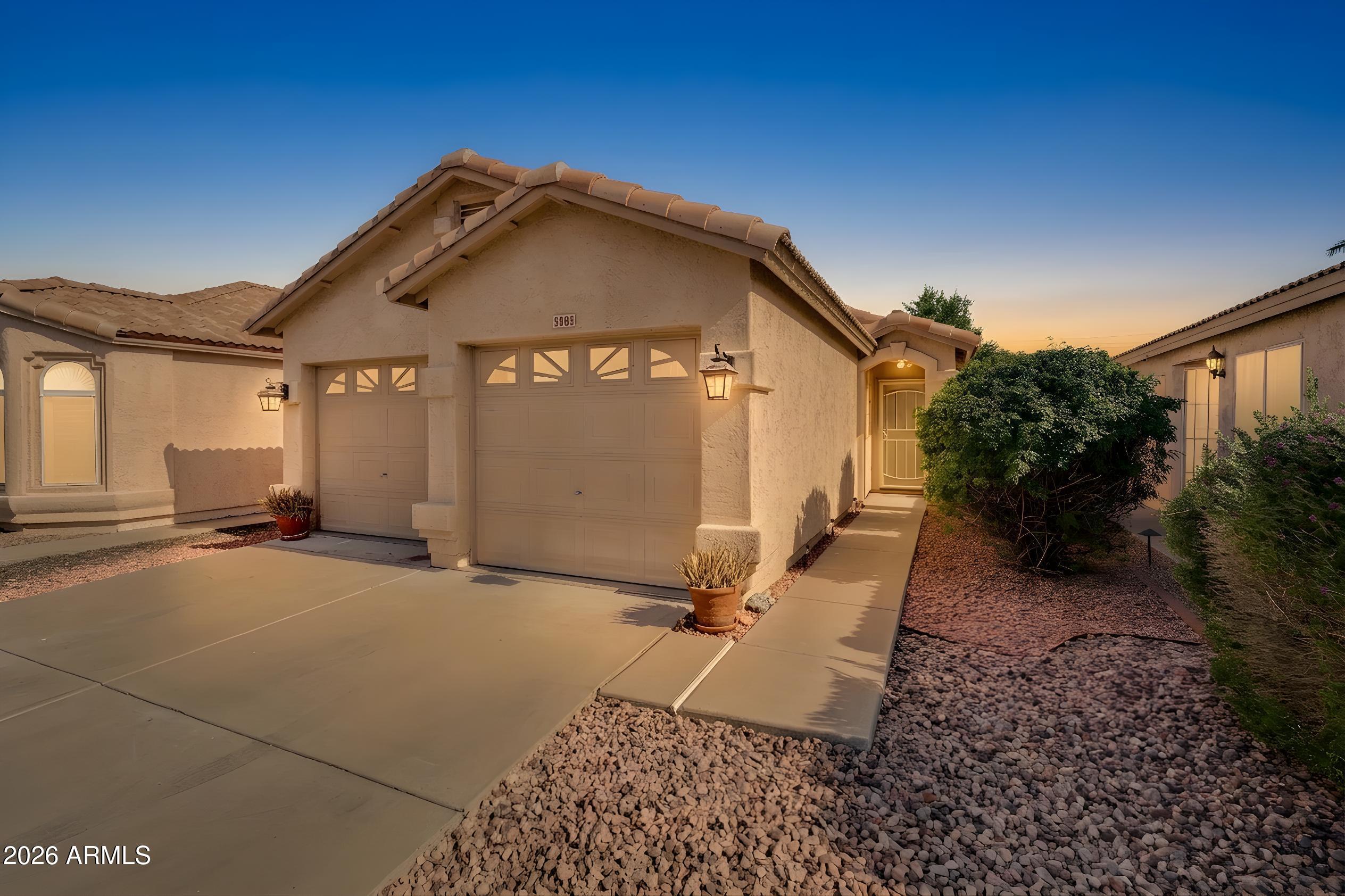 Welcome home to this inviting 3-bedroom, 2-bath charmer with a desirable split floor plan and vaulted ceilings that make the home feel open and bright. Attractive 18'' tile runs throughout, offering a clean, low-maintenance look. The spacious eat-in kitchen features tile countertops and backsplash, stainless steel appliances, and plenty of room to gather. All appliances stay--including washer and dryer--and you'll enjoy the convenience of an inside laundry room and 2-car garage. Outside, relax in your private, low-maintenance backyard with mature landscaping and a covered patio. Enjoy peace of mind with a newer hot water heater and A/C, plus a new $4k split air handler. All this just minutes from the 101 and I-17.