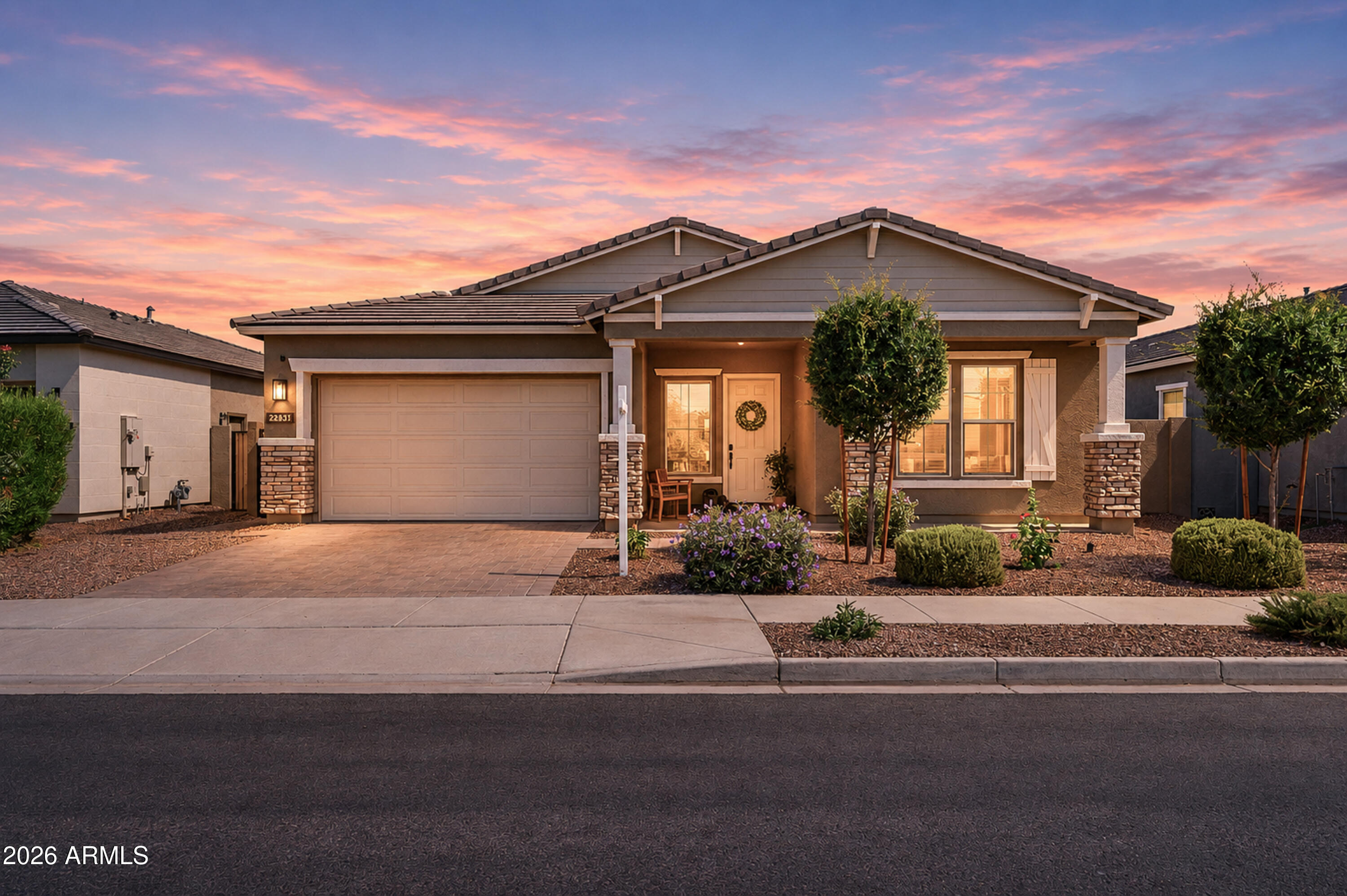 Better than brand new! Avoid the extra cost and stress of builder upgrades and backyard landscaping--this home has it all done for you. Light, bright, and perfectly move-in ready, this 3-bedroom layout also has a versatile flex space that is perfect for a home office or playroom. The heart of the home is the gorgeous kitchen, which features quartz counters, upgraded cabinets, a custom tile backsplash, and a walk-in pantry. The master bedroom features a cozy fireplace wall and a big master bath with a separate tub and shower. Step outside to a private backyard oasis with a brand-new, sparkling pool completed in May 2026! Complete with a relaxing baja shelf and travertine pavers, this home is totally complete and ready for you to move right in!  You are going to fall in love with this one!