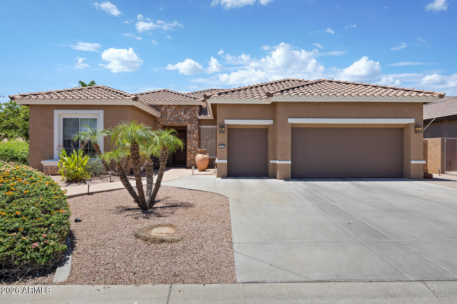 Beautiful Cabrillo Former Model home. Over 2750 square feet. 
Over $ 100M in upgrades. Two large bedrooms with private full bathrooms. 24x24 inch tile floors in Kitchen , Great Room and Dining area. Granite Kitchen counter tops. Area opens to Great Room with gas fire place. Large utility/craft room (20'x18') could be third bedroom. Large Den. Nine to 10 foot ceilings throughout. 
Large private backyard with inground pool and spa and waterfall. Built in barbeque and large outside dining area. Owned solar with over 53 panels provide comfort at very economical cost. Sunscreens on patio provide summer shade. Installed misting system. Oversized 2 car garage with connected golf cart storage. Short walk to Eagles clubhouse and restaurant. Pebble Creek living at its best! Beautiful Home