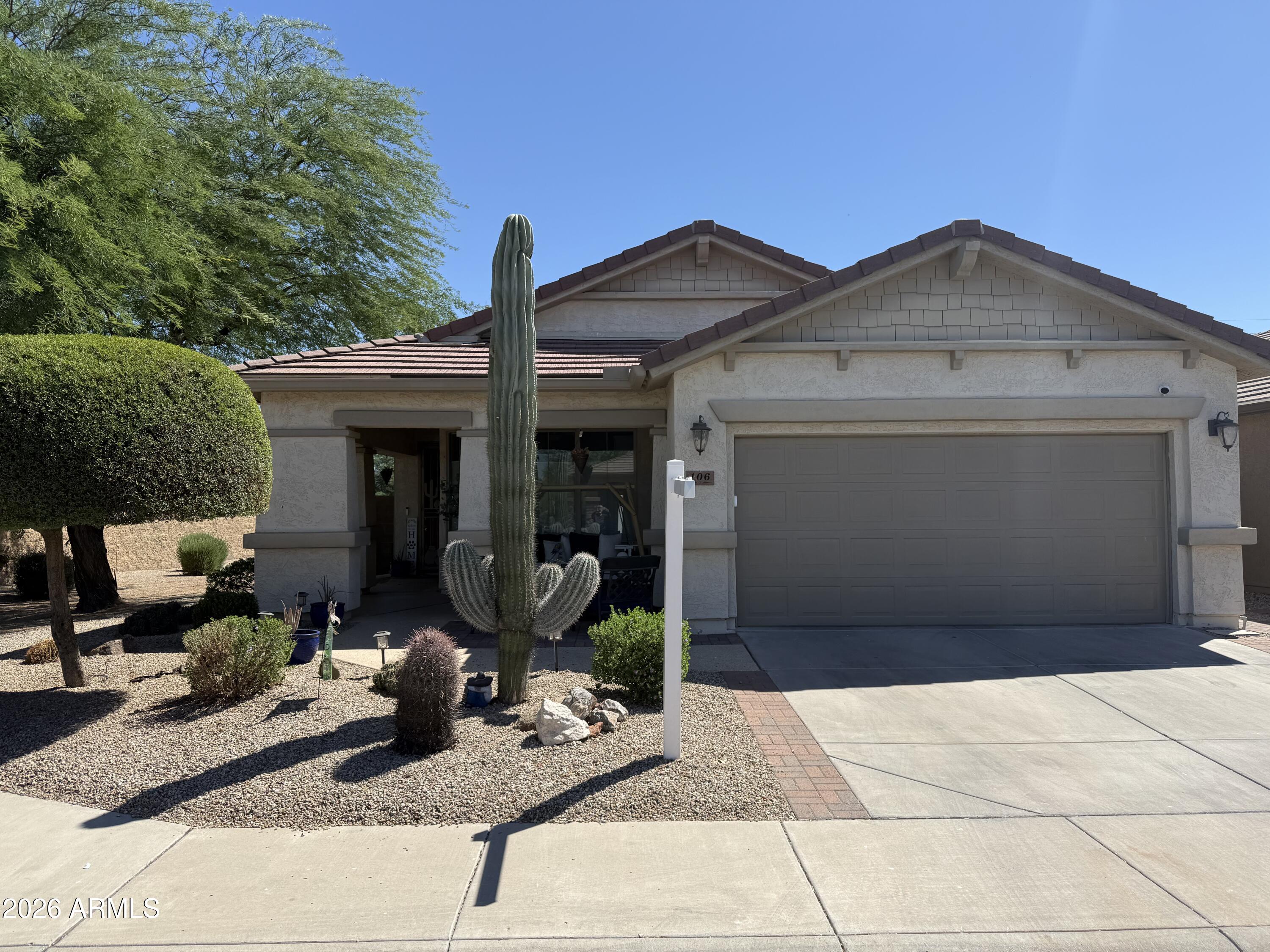 This Sagebrush features a newer 2025 Premier upgraded $85K heated pool and spa equipped with Jandy Touch Color lighting, surrounded by travertine tile, solar lighting, and a touch of grass.  The outdoor space also includes a gazebo, perfect for lounging or enjoying the sunshine. The interior has extended tile and luxury vinyl plank flooring in the den, primary bedroom, and guest room. No Carpet! Key upgrades include an AC unit replaced in 2020, a Blue Light allergy filter system, ceiling fans, and a surround sound system.. The property includes a two-car extended-length garage with built-in cabinets and its own dedicated AC unit.
Solera is a gated 55+ community with heated pool/spa, tennis/pickleball courts & fitness center. The San Tan Highland Golf Course running through the community.
