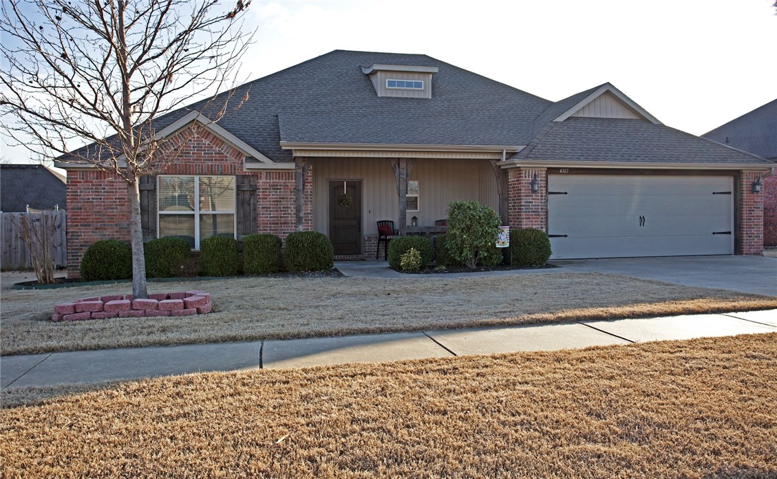 This home is a dream with large soaring ceilings and very open floor plan.  Large kitchen with tons of storage and counter space.  Even has separate office nook.   Split bedrooms plan with very large secondary bedrooms.   Also large laundry area with mud room.   New HVAC/Heat Pump just 2 years ago.  Fresh paint and very well cared for.   Home owners built extra enclosed storage off of master bedroom.  Great location just off I-49 and walking distance from schools and walking trail.
