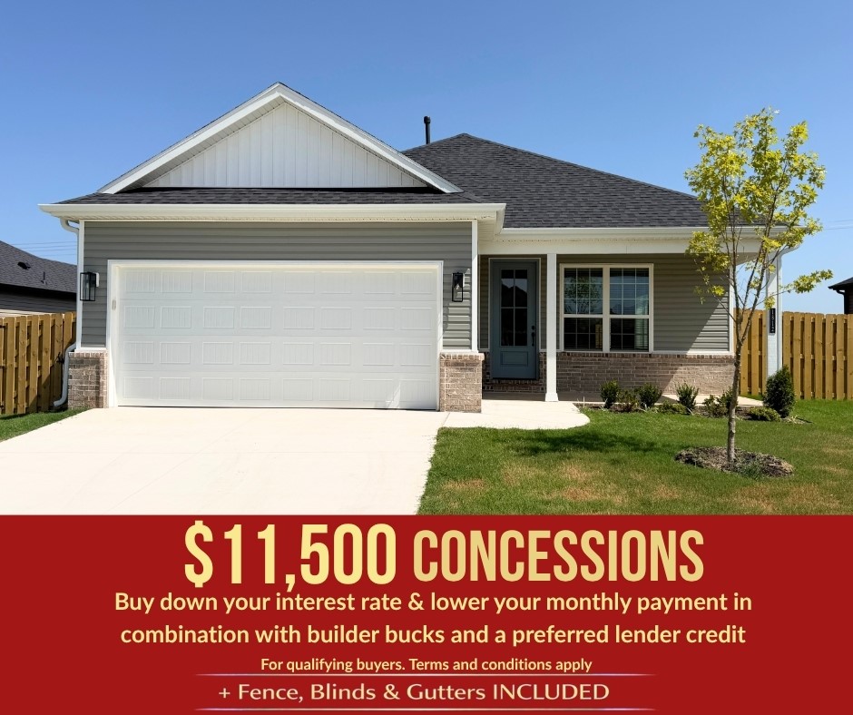 Welcome to the Bristol Plan in Yorktown Subdivision, where modern comfort meets timeless style in the heart of Pea Ridge. This thoughtfully designed 1,446-square-foot home features 3 bedrooms, 2 bathrooms, and a 2-car garage, offering an efficient layout. The open-concept floor plan creates a bright, inviting space with seamless flow between the living, dining, and kitchen areas. The kitchen is equipped with a convenient countertop push-button garbage disposal, making everyday tasks simple and efficient. The private primary suite provides a relaxing retreat, while two additional bedrooms offer flexibility for family, guests, or a home office. Ceiling fans in every bedroom add year-round comfort, and the fully sodded front and back yards provide beautiful curb appeal from day one.For a limited time, lower your interest rate with up to $11,500 in builder bucks and preferred lender incentives! Plus, fence, blinds, and gutters are all included.