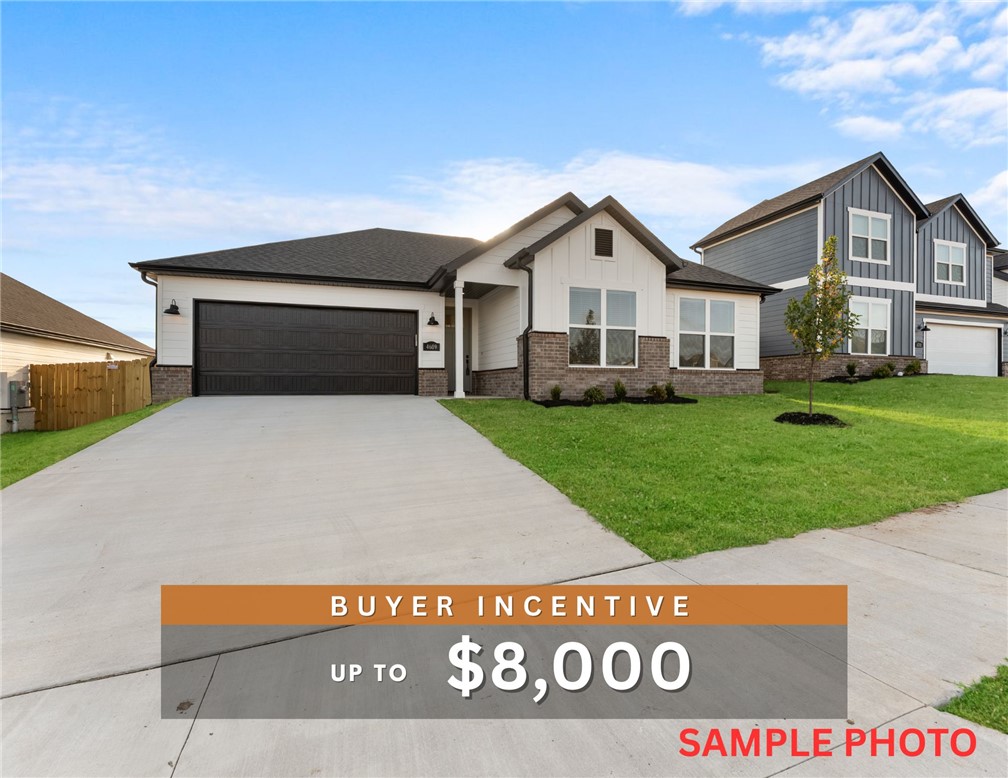 Discover your dream home in the sought-after Osage Hills neighborhood. Benton plan with garage on the right and North facing! 10 ft ceilings in the living/kitchen area, linear electric fireplace in the living, 1 level, LVP flooring throughout the main living areas and primary bedroom, quartz countertops and more. Chef's kitchen boasting frigidaire stainless steel appliances, gas range, pantry, quartz countertops, bar pull handles, large island and gorgeous backsplash. Luxurious primary bedroom features abundant natural light, while the spa-like primary bathroom offers a walk-in shower, double sinks, and spacious walk-in closets. Additional features include three large secondary bedrooms and a separate laundry room. Nestled on a generous lot with covered patio that overlooks the serene sodded, fully fenced backyard. Model home located at 6008 SW Coywolf St- Lot 122.