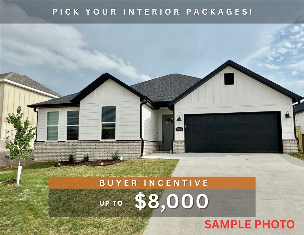 Up to $8,000 BUYER INCENTIVE. Fence, blinds and gutters included! Discover your dream home in the new neighborhood Jacob's Crossing. Arkansas plan with garage on the right and East facing! Pick your interior packages! 10 ft ceilings in the living/kitchen area, linear electric fireplace, 1 level, LVP flooring throughout the main living areas and primary bedroom, quartz countertops and more. Chef's kitchen boasting frigidaire stainless steel appliances, gas range, pantry, quartz countertops, bar pull handles, large island and gorgeous backsplash. Luxurious primary bedroom features abundant natural light, while the spa-like primary bathroom offers a walk-in shower, double sinks, and spacious walk-in closets. Additional features include two large secondary bedrooms and a separate laundry room. Nestled on a generous lot with covered patio that overlooks the serene sodded, fully fenced backyard. Sturdy concrete siding & brick! Model home located at 3631 Tranquility St- Lot 1.