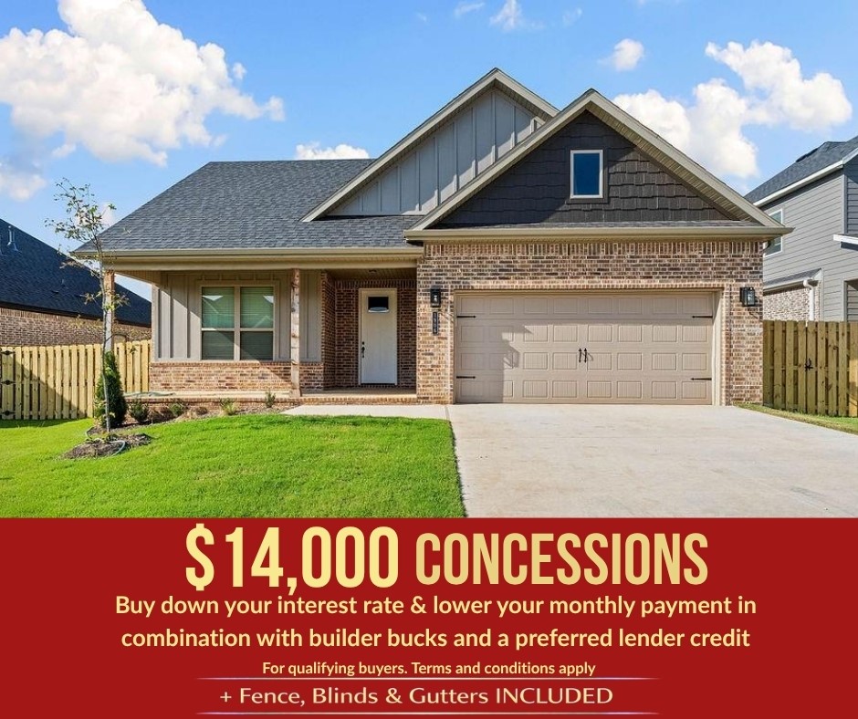 Nestled in the heart of Pea Ridge, the Yorktown Subdivision offers a perfect blend of classic charm and modern design, exemplified by the Stork plan—a stunning 2,009 sq ft single-story home featuring 4 bedrooms, 2.5 baths, and a spacious 2-car garage with depths ranging from 20 to 24 feet, ideal for larger vehicles and additional storage. The thoughtfully designed layout places all secondary bedrooms at the front of the home for added privacy, while the primary suite is tucked away at the back and connected to a convenient utility room. The open-concept living, dining, and kitchen areas create a seamless flow perfect for entertaining and everyday living. Step outside to enjoy a fully sodded front and back yard, complete with a fenced backyard and a covered patio. For a limited time, lower your interest rate with up to $14,000 in builder bucks and preferred lender incentives! Plus, fence, blinds, and gutters are all included.