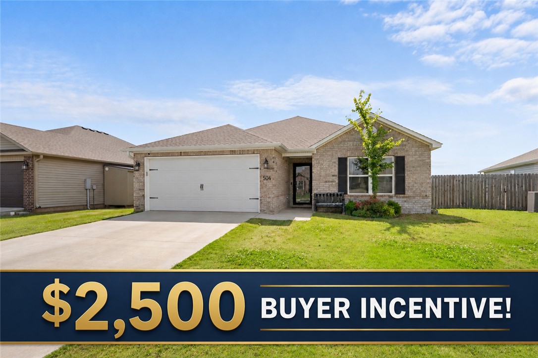 Welcome to 504 Woodcreek Loop! Ideally situated less than 5 minutes from I-49, 5 minutes to Pinnacle Area, less than 5 minutes to Mt. Hebron Park, and just one mile from the Razorback Greenway, this location is hard to beat! This well-maintained single-level home offers 3 bedrooms, 2 bathrooms, and sits on a 0.18-acre lot. Inside, you'll find an open-concept floor plan featuring laminate flooring, a spacious living area perfect for gathering, and a stylish accent wall that adds the perfect finishing touch. The heart of the home is the kitchen, complete with a large quartz island, stainless steel appliances, pantry, abundant storage, and a convenient eat-in dining area. The primary suite provides a private retreat with a walk-in closet and an ensuite bathroom featuring a tiled shower/tub, double sinks, and storage. An organized, oversized laundry room adds everyday functionality and convenience. Step outside to enjoy the private fenced backyard and covered patio—an ideal space for relaxing and entertaining.