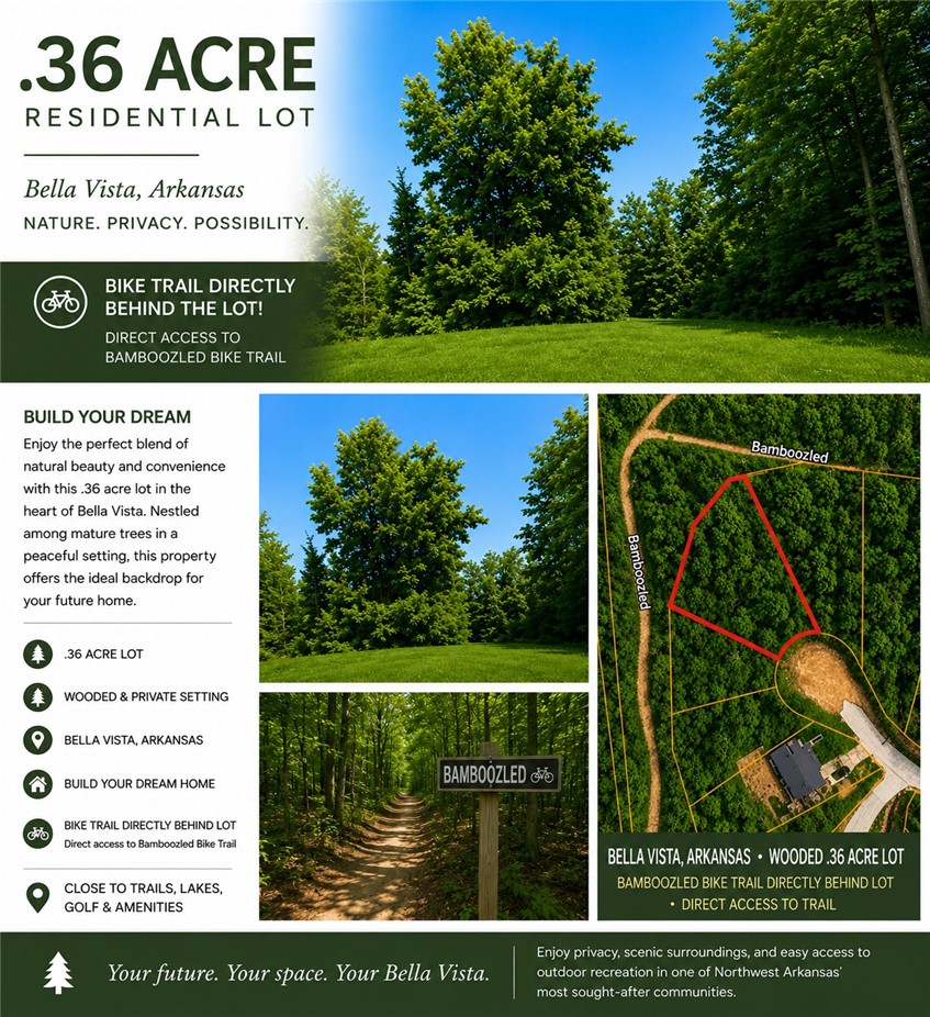 Beautiful wooded .36 acre lot in Bella Vista offering a peaceful natural setting with mature trees and gently sloping terrain with direct access to Bamboozled trail behind the lot. Ideal opportunity to build your dream home surrounded by nature while still being close to trails, lakes, golf courses and all the amenities Bella Vista has to offer. Enjoy privacy, scenic surroundings, and easy access to outdoor recreation in one of Northwest Arkansas’ most sought after communities. No survey or soil percolation test has been completed on the lot. No sellers property disclosure will be provided. Agent Owned
