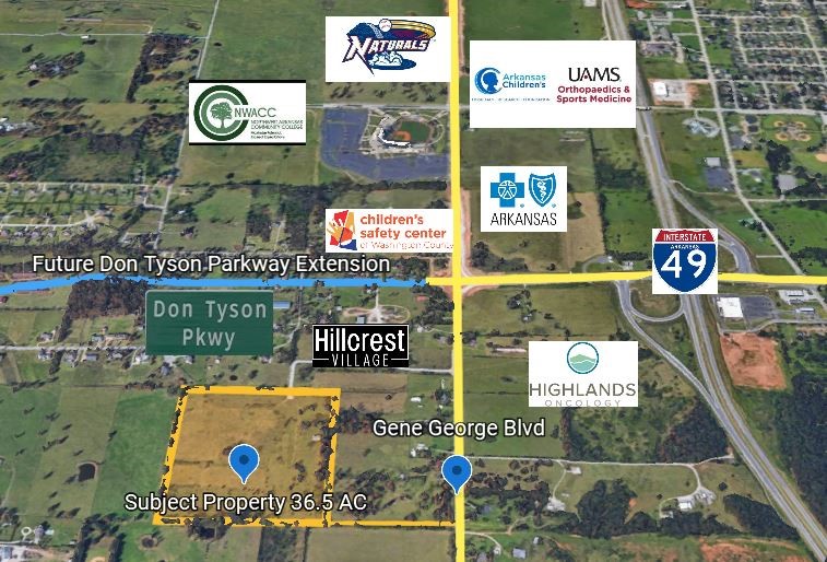 Wonderful opportunity for 36.5 Acres of development land. Property is located in West Springdale's Care Corridor along with Highlands Oncology, Arkansas Blue Cross Blue Shield, Arkansas Children's Northwest Hospital, and coming soon- Children's Safety Center of Washington County and UAMS Sports Orthopedic Complex. In addition, Arvest Ballpark (home of MiLB's NWA Naturals), Northwest Arkansas Community College- Washington County, Sam's Club, Chick-fil-A and more are just minutes down the road. This property is situated 0.5 miles from Gene George Blvd & Don Tyson Pkwy intersection, and less than a mile from I-49. Plus with future plans for Don Tyson Pkwy to connect with Hwy 112, this area is prime for continued growth.