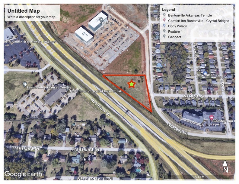 EXIT 88 OFF I-49, BENTONVILLE, AR. Last corner piece left at this Exit zoned C2 ready for a 4 or 5 story much needed apartment complex. Drainage already in place for this property. 460 ft of I-49 frontage. Not another piece of property like this that is close enough to ride your bicycle to the Wal-Mart new Campus.
Close to everything Bentonville has to offer, Trails,Crystal Bridges,