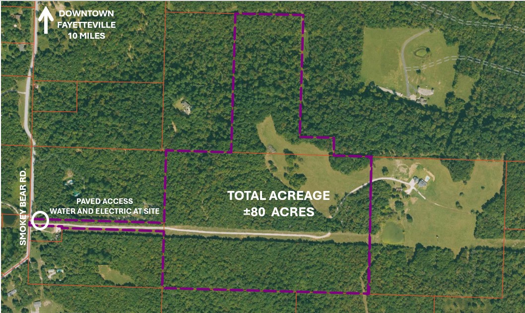 A rare 80-acre Ozark property offering exceptional recreational, hunting, and investment potential—less than 10 miles from downtown Fayetteville and outside city limits. The tract combines open pasture, mature hardwoods, rocky elevations, and Boston Mountain views. A prepared homesite is in place with a water meter, electric service, a completed septic soil test, paved road frontage, and a paved driveway for direct access. Conceptual layouts identifying additional potential homesites and future estate-lot opportunities are available for buyer review and due diligence. The land includes a wet-weather creek along the lower acreage, multiple buildable areas, and strong privacy across varied terrain. This property is well-suited for an estate residence, recreational retreat, hunting use, or an investment with development potential in a rapidly growing corridor.