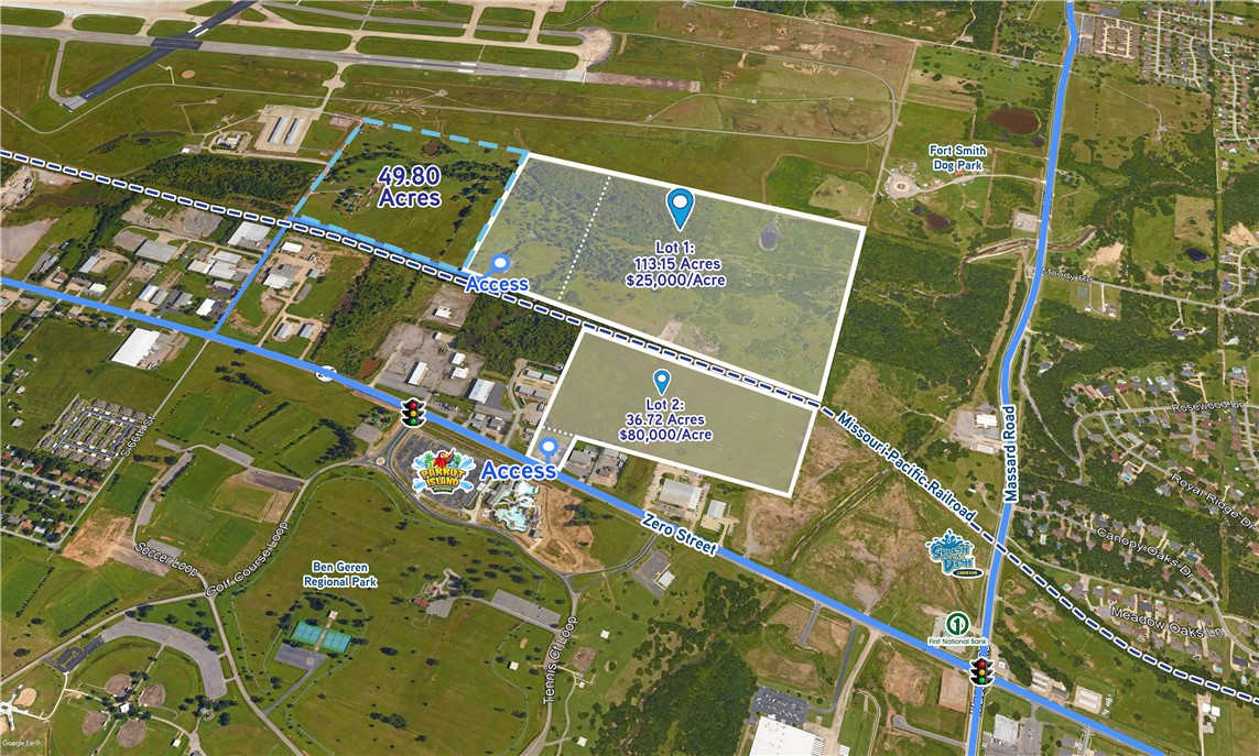 Large tract of land for sale on Zero Street in Fort Smith, Arkansas near the Fort Smith Regional Airport, Interstate 540 and the main business and shopping corridor of the city. Nearby attractions include Parrot Island Waterpark, Ben Geren Regional Park, Arkansas River and Holis Lake campgrounds, along with historic downtown Fort Smith. Total price is dependent on purchase of full property.
Lot 1: +/- 113.15 Acres  $2,828,750   ($25,000/Acre)
Lot 2: +/- 36.72 Acres  $2,937,600   ($80,000/Acre)