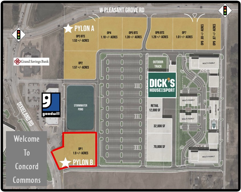 Concord Commons Development Out Parcel Tracts to be delivered at grade compacted and tested with utility infrastructure (water, sewer, gas, electric, regional stormwater) available for benefit of the tract. Civil Large Scale Plans available upon request. Tracts can be subdivided.
