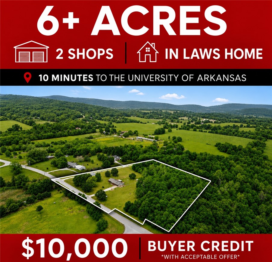 *$10,000 buyer credit with acceptable offer* Two homes on over 6 acres, just minutes from everything Fayetteville has to offer. This unique property features a primary residence plus an active income producing short-term rental, long-term rental, or private in-law quarters.The main home offers approximately 1,900 square feet with a flexible layout featuring 4 bedrooms plus an office or 3 bedrooms with two offices, perfect for today’s work-from-home lifestyle. Enjoy cozy evenings by the wood-burning stove & entertain outdoors on the spacious back deck overlooking the peaceful acreage. The detached residence is a proven income-producing opportunity or private guest home, featuring one large bedroom, generous living room, full bathroom, and an oversized garage with abundant storage.An additional shop building provides even more functionality—perfect for woodworking, hobbies, or storing recreational equipment & toys. just 10 minutes from the UofA & 8 minutes from Baum-Walker Stadium.