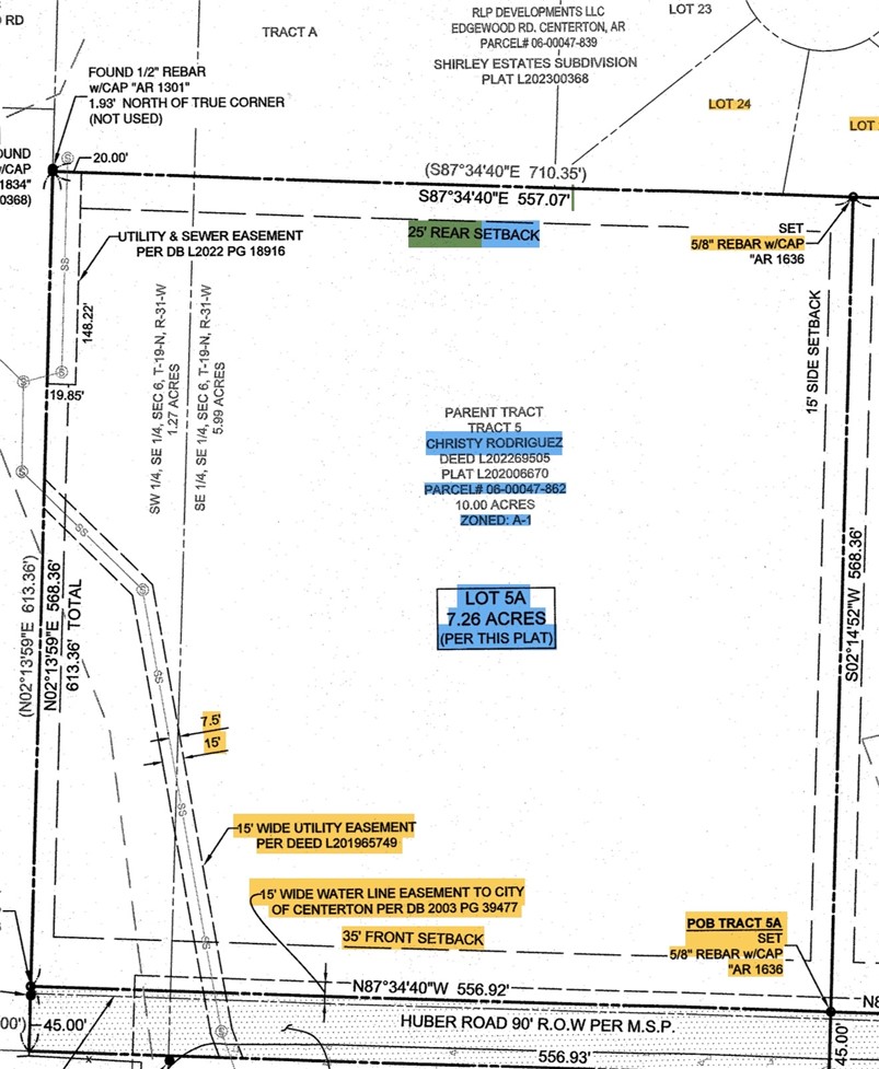 This hard to find flat 7.26 acres with sewer on site (west side of property) is on a peaceful and quiet road close to everything. In a newly developing area within the Bentonville School District and 15 minutes to the Bentonville Square. You get the best of both worlds with country living while being close to restaurants, grocery, banks, post office, you name it. With No covenants, this land is perfect for building your dream home with plenty of space to use at your will all around you or amazing investment/development opportunity with endless possibilities. Utilities: Water across the street. Sewer line on site, Gas and Electricity are easy to tie into on the back side of the property. 
The 2 acres next door sold for 275k (137,500/acre July 11, 2025).  Asking 103k/acre and it has sewer. Technically 8 acres. After utility easement was put in on the south side running along Huber, it's now 7.26 acres after easement. Agent owned.