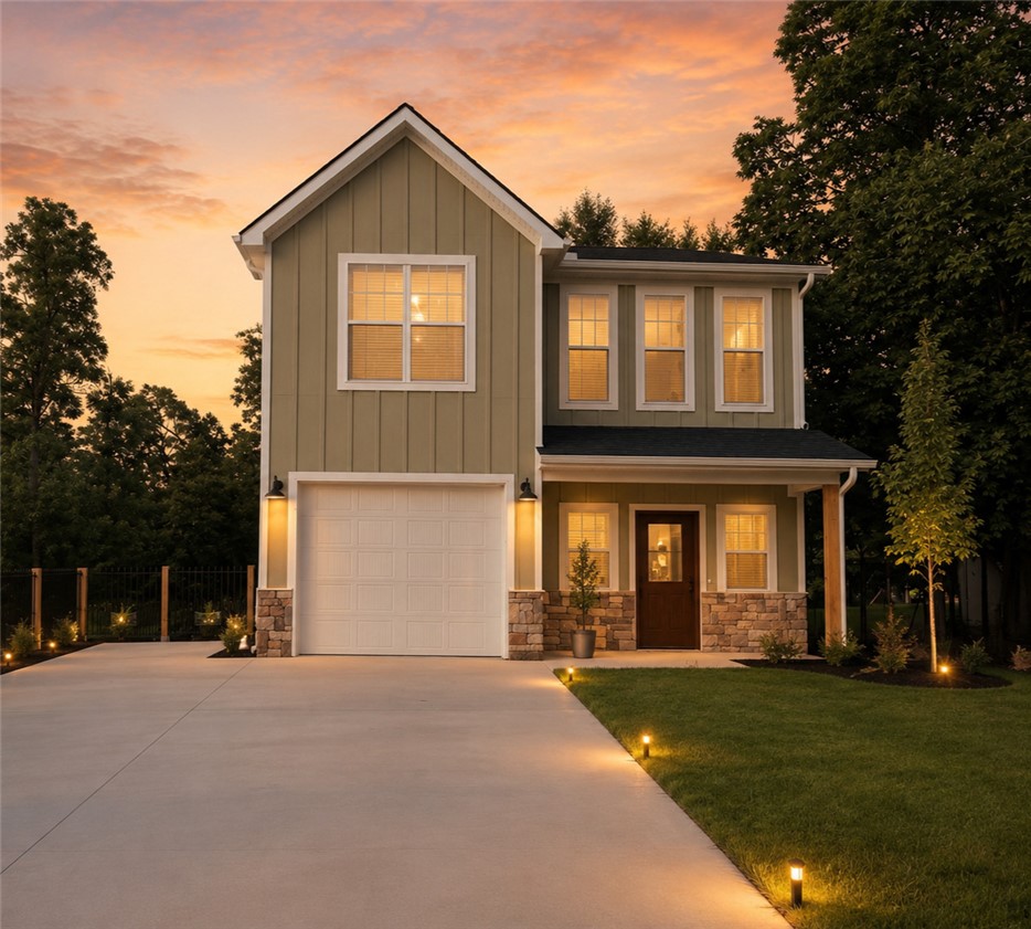 New construction in Bella Vista’s Hopeman Subdivision, just minutes from Scotsdale Golf Course. This 1,939-square-foot home offers 3 bedrooms, 2.5 bathrooms and a functional floor plan designed for comfort, storage and everyday living.
Large windows fill the open living area with natural light and beautiful wooded views. The kitchen features quartz countertops, stainless-steel appliances, generous cabinetry, and an easy connection to the dining and living spaces.
Thoughtful storage includes spacious closets, a pantry, and mudroom storage. Set on a relatively flat, wooded 0.32-acre lot, the property offers usable outdoor space and a natural setting. The oversized one-car garage provides extra room beyond a typical single bay, and the expanded driveway adds valuable off-street parking.
Sage-green finishes, stone accents, and convenient access to Bella Vista member amenities make this a distinctive Northwest Arkansas home.
Preferred lender credits up to $4,000. Seller credits toward closing costs up to $4,000.