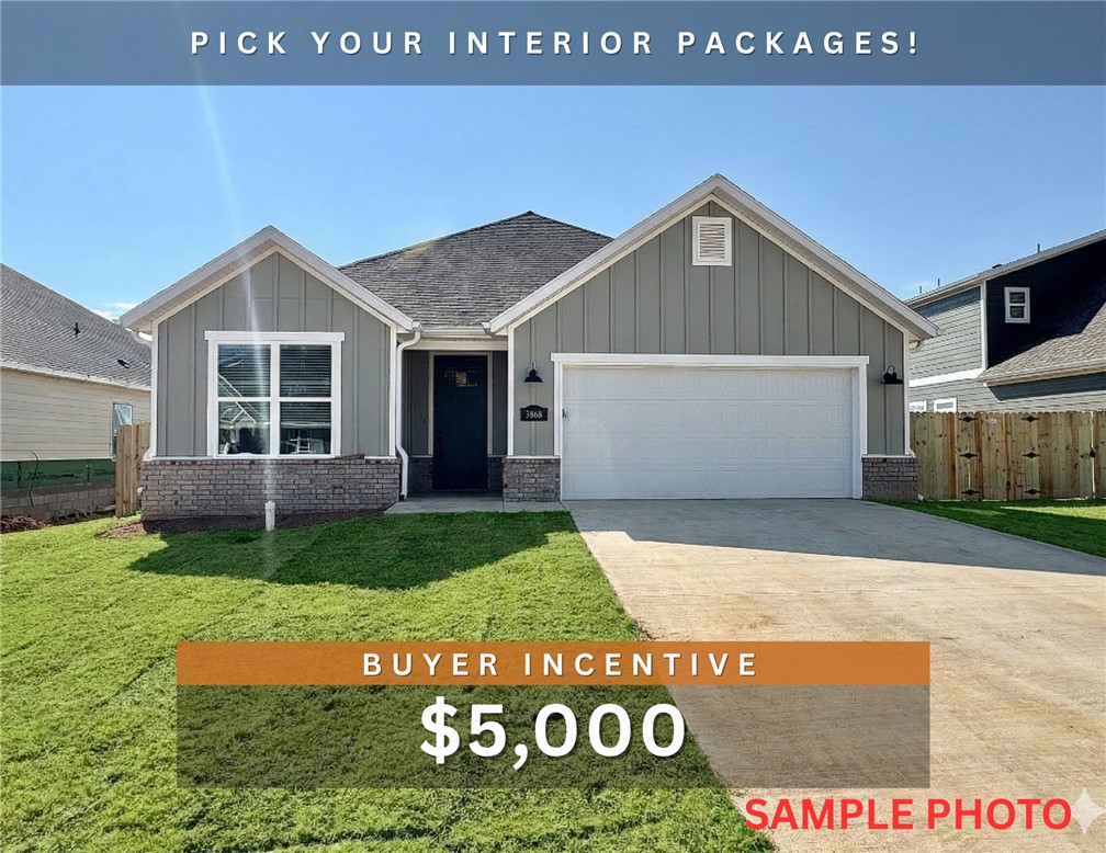 $5,000 BUYER INCENTIVE. Fence, blinds and gutters included! Discover your dream home in the new neighborhood- Jacob's Crossing. Colby plan with 1 level, garage on the left and East facing! Pick your interior packages! 9 ft ceilings, linear electric fireplace, LVP flooring throughout the main living areas and master bedroom, quartz countertops and more. Chef's kitchen boasting frigidaire stainless steel appliances, gas range, pantry, quartz countertops, bar pull handles, large island and gorgeous backsplash. Luxurious primary bedroom features abundant natural light, while the spa-like master bathroom offers a walk-in shower, double sinks, tub, and spacious walk-in closets. Additional features include a formal dining room, three large secondary bedrooms and a functional laundry room. Nestled on a generous lot with covered patio that overlooks the serene sodded, fully fenced backyard. Sturdy concrete siding! Model home located at 3631 Tranquility St- Lot 1.