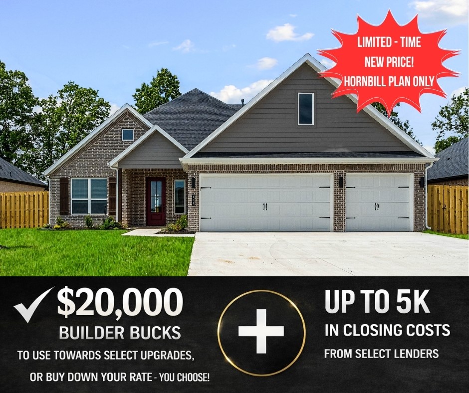 Hillcrest offers peaceful suburban living with unbeatable access to top schools, major employers, and key travel routes throughout Northwest Arkansas.The Hornbill floor plan features 4 bedrooms, 3 bathrooms, a 3-car garage, and a 2-story layout designed for both comfort and style. Inside, you’ll find 10-foot ceilings in the living area and primary suite, creating a spacious, open feel. The luxurious primary bath includes a free-standing soaker tub and a fully tiled shower. Additional highlights include an impressive 8-foot front door, stainless steel appliances, and a composite granite sink.Open houses Daily and every Sunday from 1--4 PM. For a limited time, Builder Incentives: $20,000 Builder Bucks to use towards select upgrades, appliances, or buy down your rate -- you choose! Plus up to 5K from select lenders. For a total of up to 25K with lender incentives! Fence, blinds, and gutters are all included.