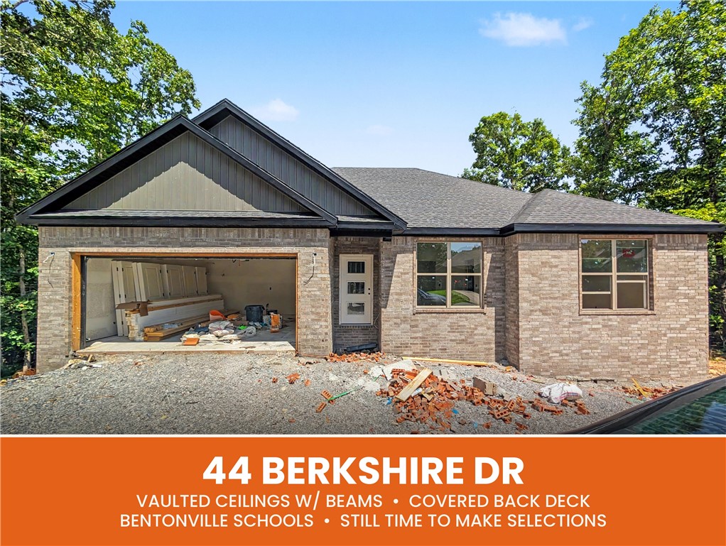 Welcome To Your Next Home At 44 Berkshire Dr In Bella Vista. Interior Selections Are Still Available So You Can Make It Yours From The Start! Tucked Into One Of NWA's Most Sought-After Communities With Mountain Bike Trails, Lake Access, And Endless Outdoor Adventure Steps From Your Door. Inside You'll Find Soaring Vaulted Ceilings With Stunning Beam Treatments In The Living Room, Custom Cabinetry, Quartz Countertops, Tile Backsplash, And Under-Cabinet Lighting Throughout The Kitchen — Plus Eat-In Dining And Bar Seating. The Primary Suite Impresses With Additional Beam Detail, Dual Vanities, Dual Closets, And A Full Custom Tile Shower. Storage Galore Throughout! Unwind On The Large Covered Back Deck After A Day On The Trails. Bentonville Schools. Deeded As 2-Bedroom Septic — 3rd Room To Be Used As Office, Bonus, Or Non-Sleeping Space. Signed Acknowledgment Required. Elevation Rendering And Sample Pics Shown As Example. Under Const Pics Shown Are Of This Actual Build.