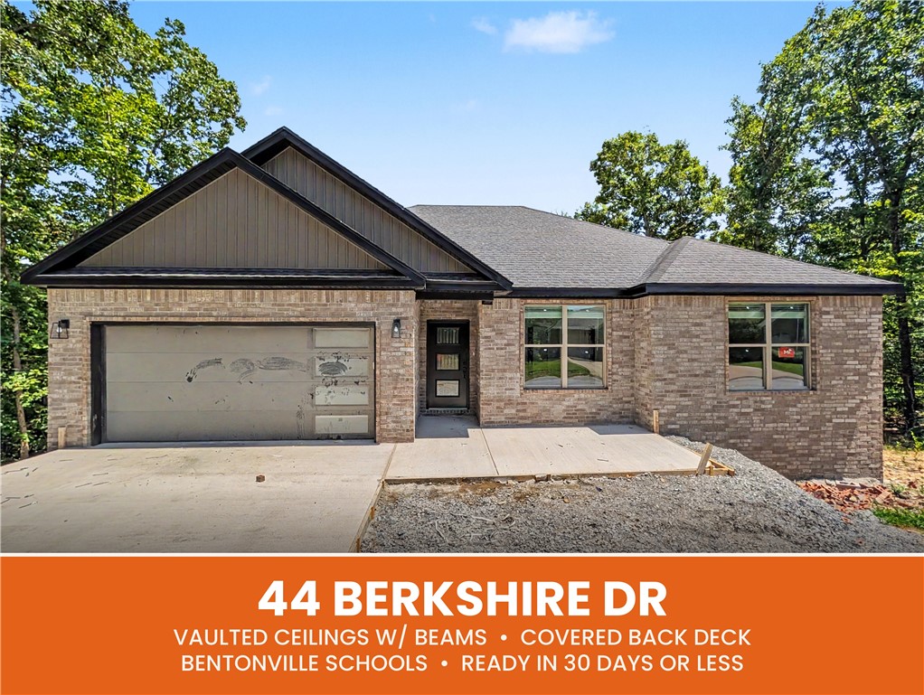 Welcome To Your Next Home At 44 Berkshire Dr In Bella Vista. Interior Selections Are Still Available So You Can Make It Yours From The Start! Tucked Into One Of NWA's Most Sought-After Communities With Mountain Bike Trails, Lake Access, And Endless Outdoor Adventure Steps From Your Door. Inside You'll Find Soaring Vaulted Ceilings With Stunning Beam Treatments In The Living Room, Custom Cabinetry, Quartz Countertops, Tile Backsplash, And Under-Cabinet Lighting Throughout The Kitchen — Plus Eat-In Dining And Bar Seating. The Primary Suite Impresses With Additional Beam Detail, Dual Vanities, Dual Closets, And A Full Custom Tile Shower. Storage Galore Throughout! Unwind On The Large Covered Back Deck After A Day On The Trails. Bentonville Schools. Deeded As 2-Bedroom Septic — 3rd Room To Be Used As Office, Bonus, Or Non-Sleeping Space. Signed Acknowledgment Required.