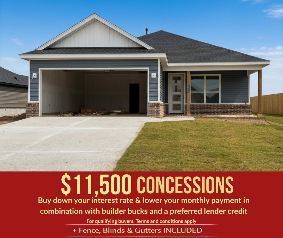 Nestled in Pea Ridge, the Yorktown Subdivision showcases a perfect blend of old and new architectural influences, offering timeless charm with modern appeal. The Bristol floor plan features 1,446 square feet and a desirable single-story layout. An open-concept design flows seamlessly through the living room, kitchen, and dining areas, all highlighted by durable and stylish LVP flooring. The kitchen is equipped with sleek stainless steel appliances, a beautiful composite granite sink known for its strength and easy maintenance, and a convenient countertop push-button garbage disposal, combining everyday functionality with modern comfort.For a limited time, lower your interest rate with up to $11,500 in builder bucks and preferred lender incentives! Plus, fence, blinds, and gutters are all included.