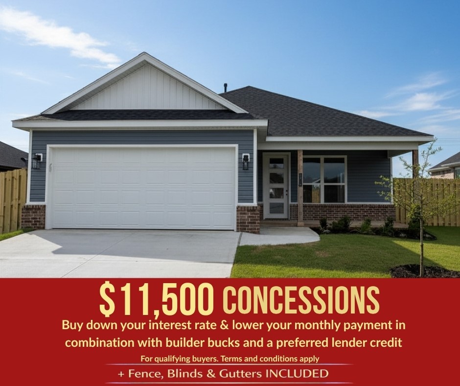 Nestled in Pea Ridge, the Yorktown Subdivision showcases a perfect blend of old and new architectural influences, offering timeless charm with modern appeal. The Bristol floor plan features 1,446 square feet and a desirable single-story layout. An open-concept design flows seamlessly through the living room, kitchen, and dining areas, all highlighted by durable and stylish LVP flooring. The kitchen is equipped with sleek stainless steel appliances, a beautiful composite granite sink known for its strength and easy maintenance, and a convenient countertop push-button garbage disposal, combining everyday functionality with modern comfort.For a limited time, lower your interest rate with up to $11,500 in builder bucks and preferred lender incentives! Plus, fence, blinds, and gutters are all included.