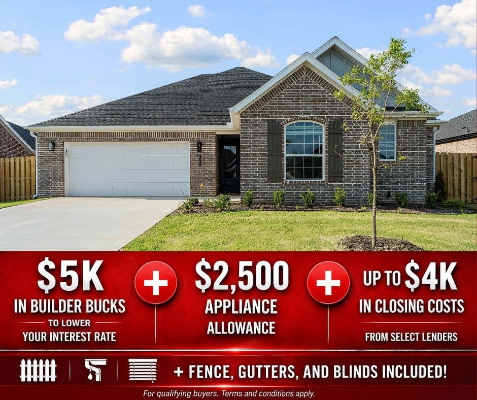 Discover Yorktown Subdivision in Pea Ridge, Arkansas—where classic design meets modern living in a welcoming community. The Robin floor plan offers 1,771 square feet of thoughtfully designed space, featuring 4 bedrooms, 2 bathrooms, a 2-car garage, and the convenience of one-story living. This home is built for both comfort and functionality, with a back patio that comes pre-wired for a fan and TV, making outdoor relaxation and entertainment effortless. Inside, a reliable gas water heater ensures quick and efficient hot water throughout the home. With its spacious layout and practical upgrades, the Robin plan is perfect for everyday living and entertaining alike.For a limited time, lower your interest rate with 5k in Builder bucks + $2,500 Appliance allowance + up to 4k in closing costs from preferred lenders! Plus, fence, blinds, and gutters are all included.