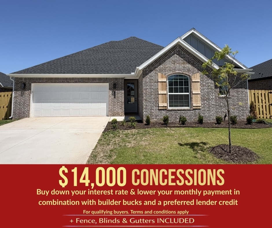 Discover Yorktown Subdivision in Pea Ridge, Arkansas—where classic design meets modern living in a welcoming community. The Robin floor plan offers 1,771 square feet of thoughtfully designed space, featuring 4 bedrooms, 2 bathrooms, a 2-car garage, and the convenience of one-story living. This home is built for both comfort and functionality, with a back patio that comes pre-wired for a fan and TV, making outdoor relaxation and entertainment effortless. Inside, a reliable gas water heater ensures quick and efficient hot water throughout the home. With its spacious layout and practical upgrades, the Robin plan is perfect for everyday living and entertaining alike.For a limited time, lower your interest rate with up to $14,000 in builder bucks and preferred lender incentives! Plus, fence, blinds, and gutters are all included.