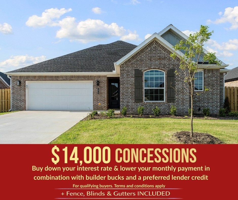 Discover Yorktown Subdivision in Pea Ridge, Arkansas—where classic design meets modern living in a welcoming community. The Robin floor plan offers 1,771 square feet of thoughtfully designed space, featuring 4 bedrooms, 2 bathrooms, a 2-car garage, and the convenience of one-story living. This home is built for both comfort and functionality, with a back patio that comes pre-wired for a fan and TV, making outdoor relaxation and entertainment effortless. Inside, a reliable gas water heater ensures quick and efficient hot water throughout the home. With its spacious layout and practical upgrades, the Robin plan is perfect for everyday living and entertaining alike.For a limited time, lower your interest rate with up to $14,000 in builder bucks and preferred lender incentives! Plus, fence, blinds, and gutters are all included.
