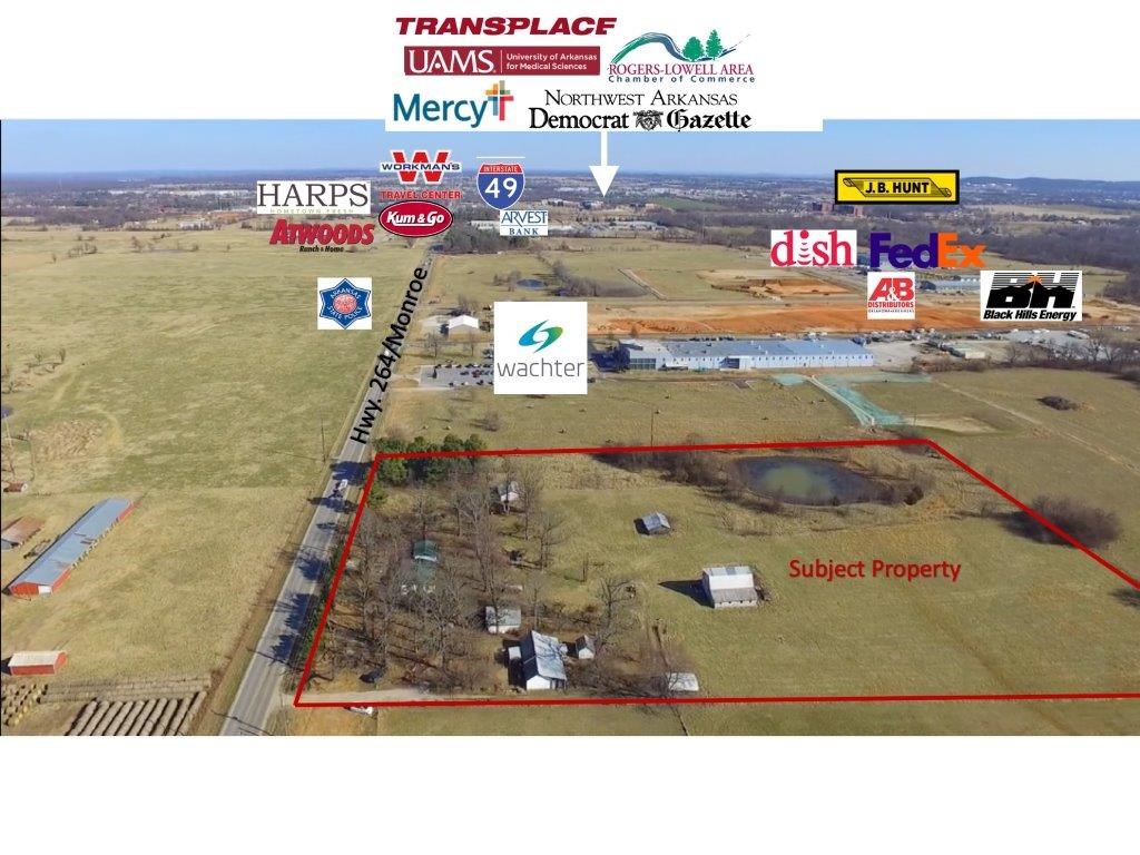 Prime commercial development opportunity located in the fast-growing Lowell corridor featuring JB Hunt Transport, Transpace, UAMS, Mercy, Democrat Gazette, Harps Grocery, Fed-Ex, Arvest, Atwoods, Workmans & more. 9.33 acres offering 535’ of frontage along Hwy. 264/Monroe that is slated to become a 5 lane highway. Perfect spot for a mixed use development. This location provides great visibility but also convenient access to the Razorback Greenway, access to Bentonville/Rogers to the north and Fayetteville/Springdale to the south.